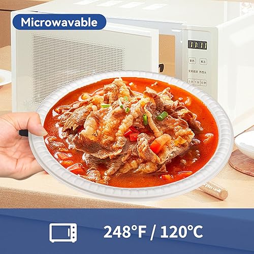Miniatura 5 de EKOSAVOR Platos de plástico blanco, paquete de 150 platos llanos de 10 pulgadas, platos de fiesta resistentes y fáciles de servir, aptos para