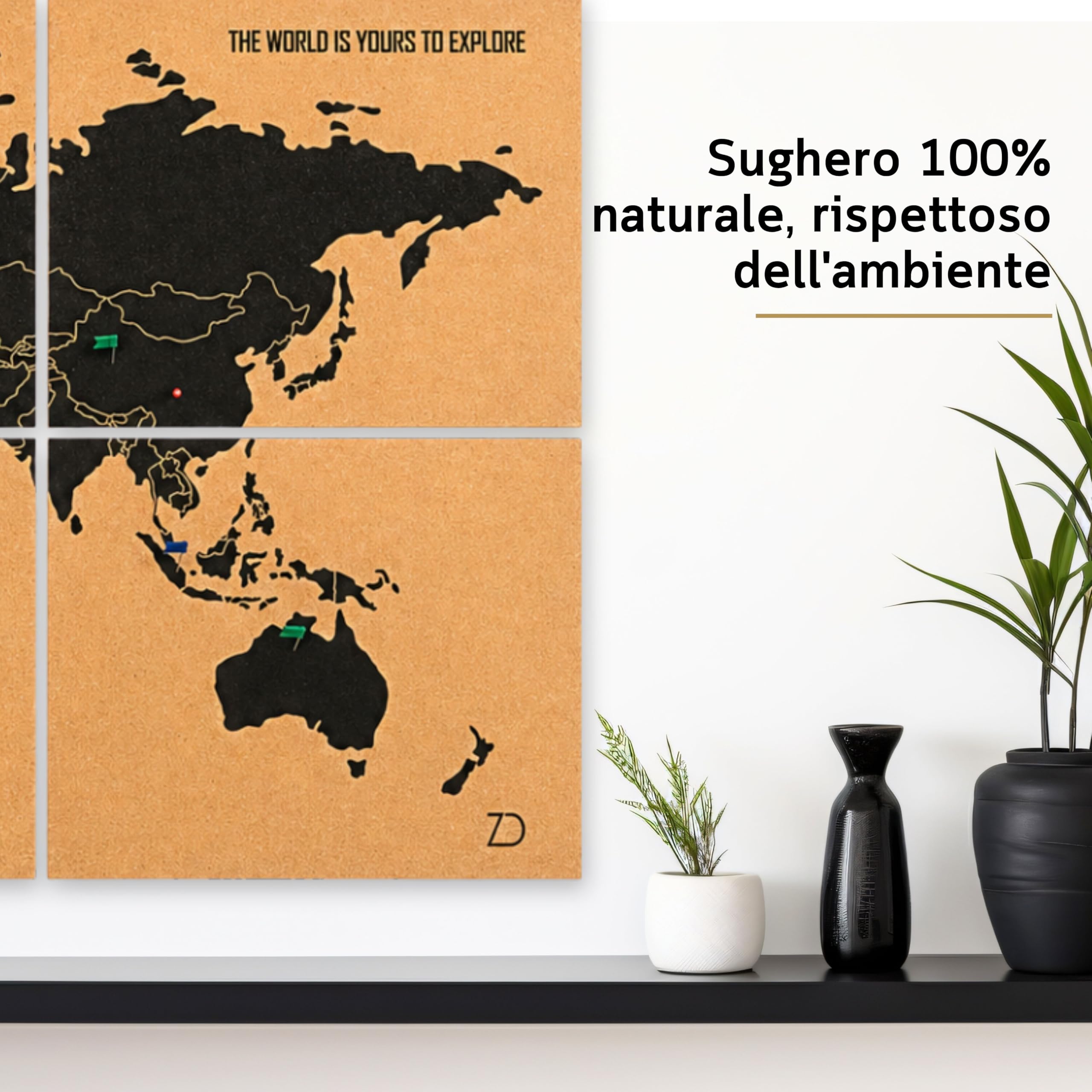 Mappamondo da Parete XXL 120x60 cm – 6 Pannelli Autoadesivi in Sughero – Mappa del Mondo con Puntine – Planisfero Gigante Segna Viaggi – 60 Puntine