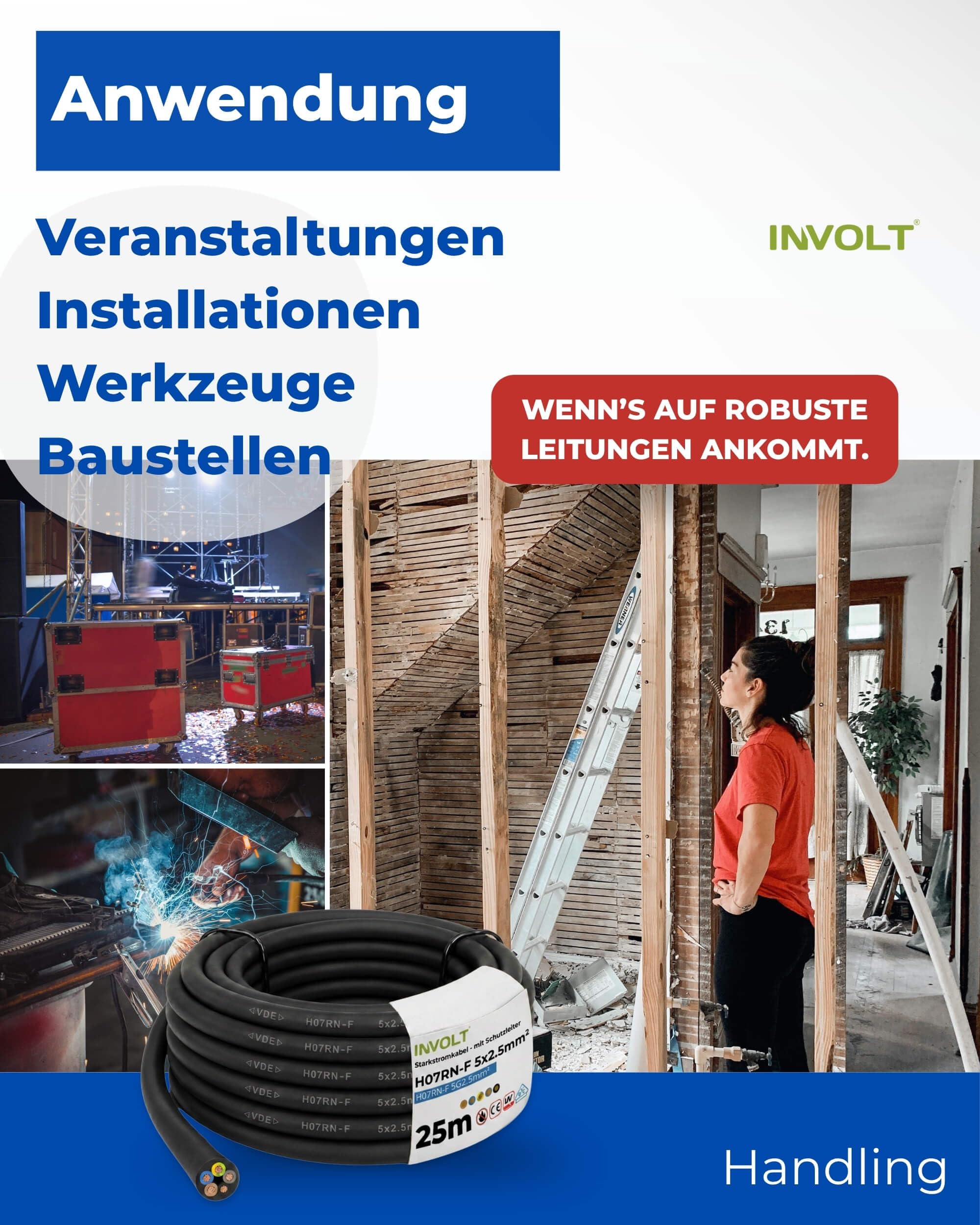 INVOLT Cavo di prolunga CEE, 20 m, H07RN-F 5G1,5 mm², cavo flessibile in gomma con conduttore di protezione, per esterni, cantieri, certificato VDE