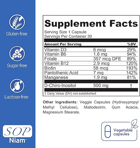 Miniatura 5 de PCOS SOP Niam | Suplemento D-Chiro Inositol - 500mg | Ácido fólico, vitamina B6, B12, D3 y biotina | Síndrome de ovario poliquístico | Balance