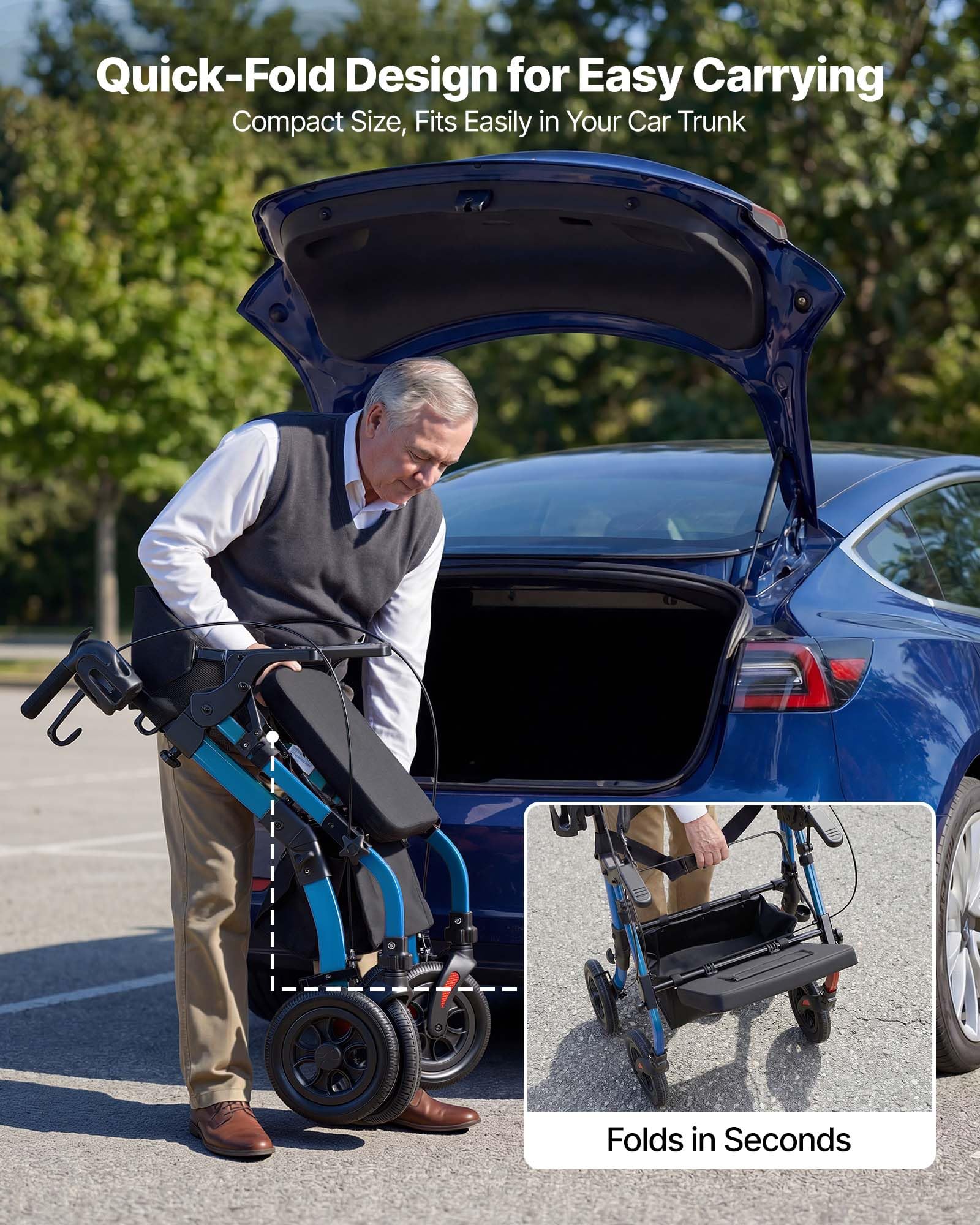 VEVOR Deambulatore e Sedia a Rotelle 2 in 1 per Anziani, Supporto Massimo 136 kg, Ausilio Pieghevole per la Mobilità in Alluminio con Ruote in PU, per Sostegno Camminata Disabili e Persone Anziane