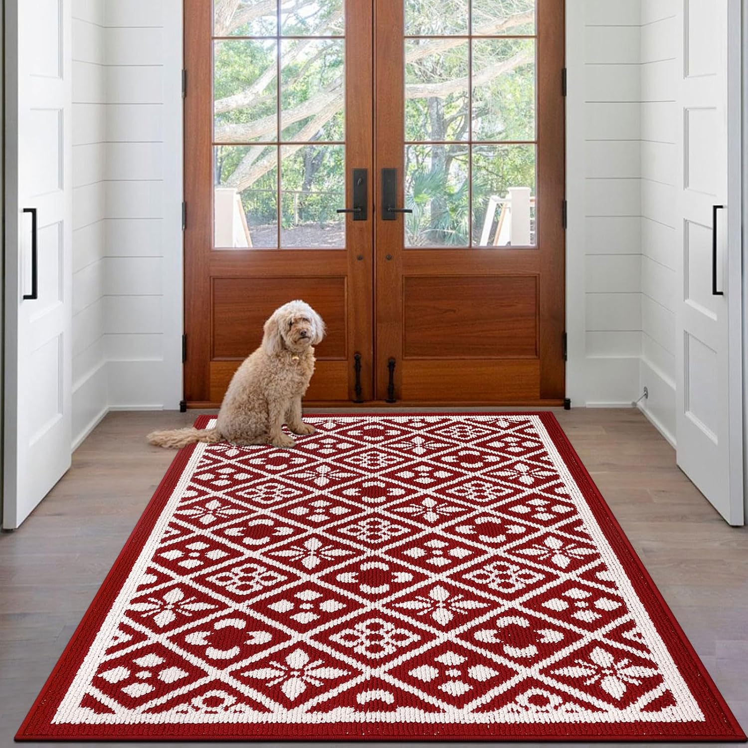 Ileading Christmas Indoor Doormat, Durable Xmas Welcome Mat 36"x60" Non Slip Entrance Rug with Rubber Backing, Machine Washable Winter Holiday Entryway Front Large Floor mat Red Small Carpet