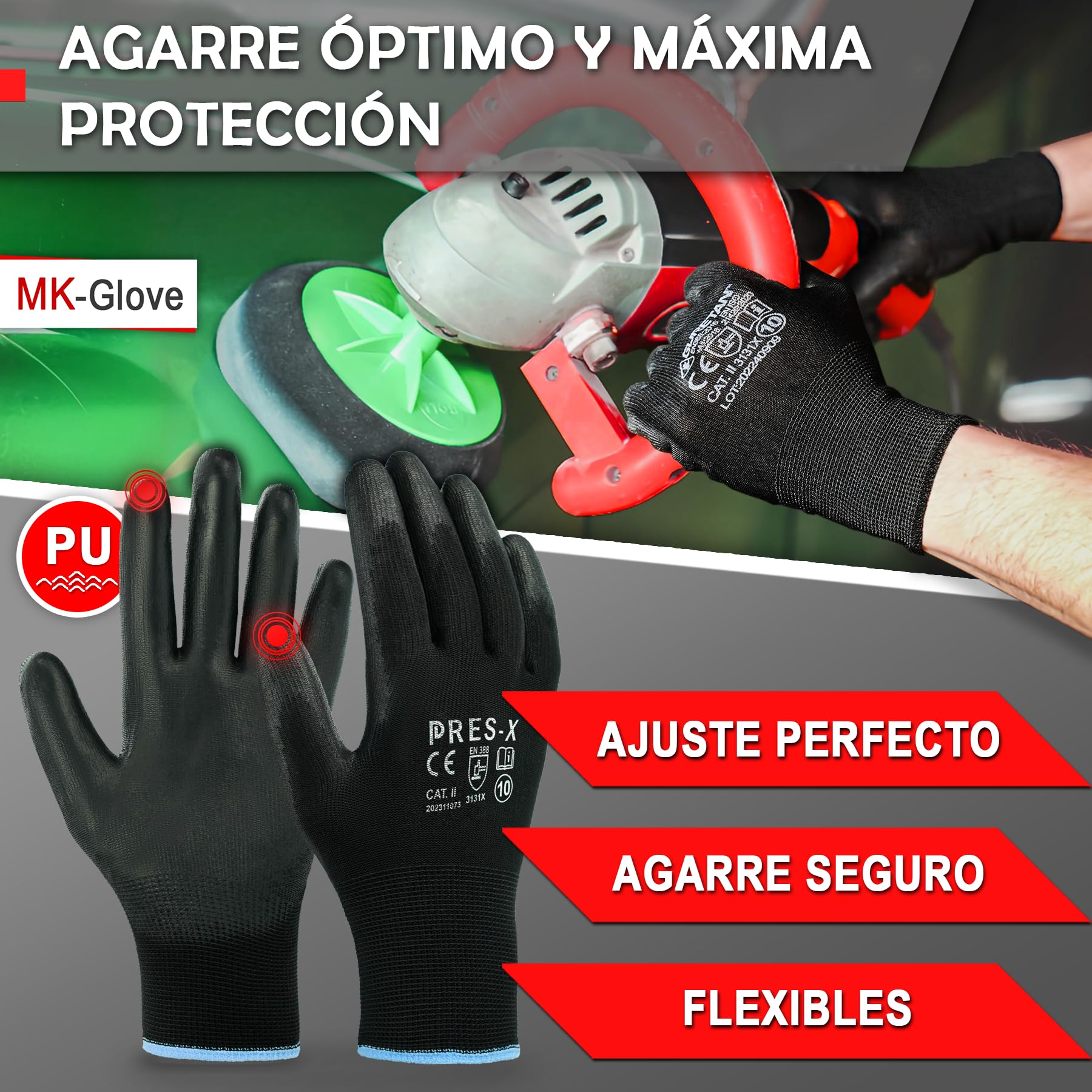 Guantes Trabajo Hombre de Poliuretano (12 Pares) - Guantes Mecanico Taller de Precisión - Guantes de Electricista Transpirables con Buen Tacto - Protección Manual para Montaje - Talla 10-L