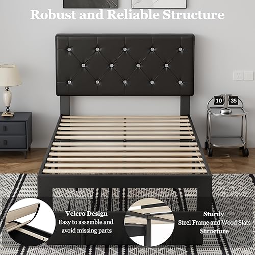 Miniatura 98 de VECELO Base de cama de tamaño individual, plataforma tapizada con cabecera ajustable de diamante, soporte de listones de madera, no necesita somier,