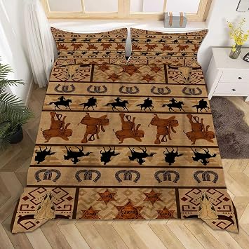 Western Rustic Ranch Bedding Set, Cal King 98"x104" 3Pcs, Bull Skull Sheriff Star Horseshoe Silhouette Soft Washable Foldable 3D Duvet Cover with Zipper Closure