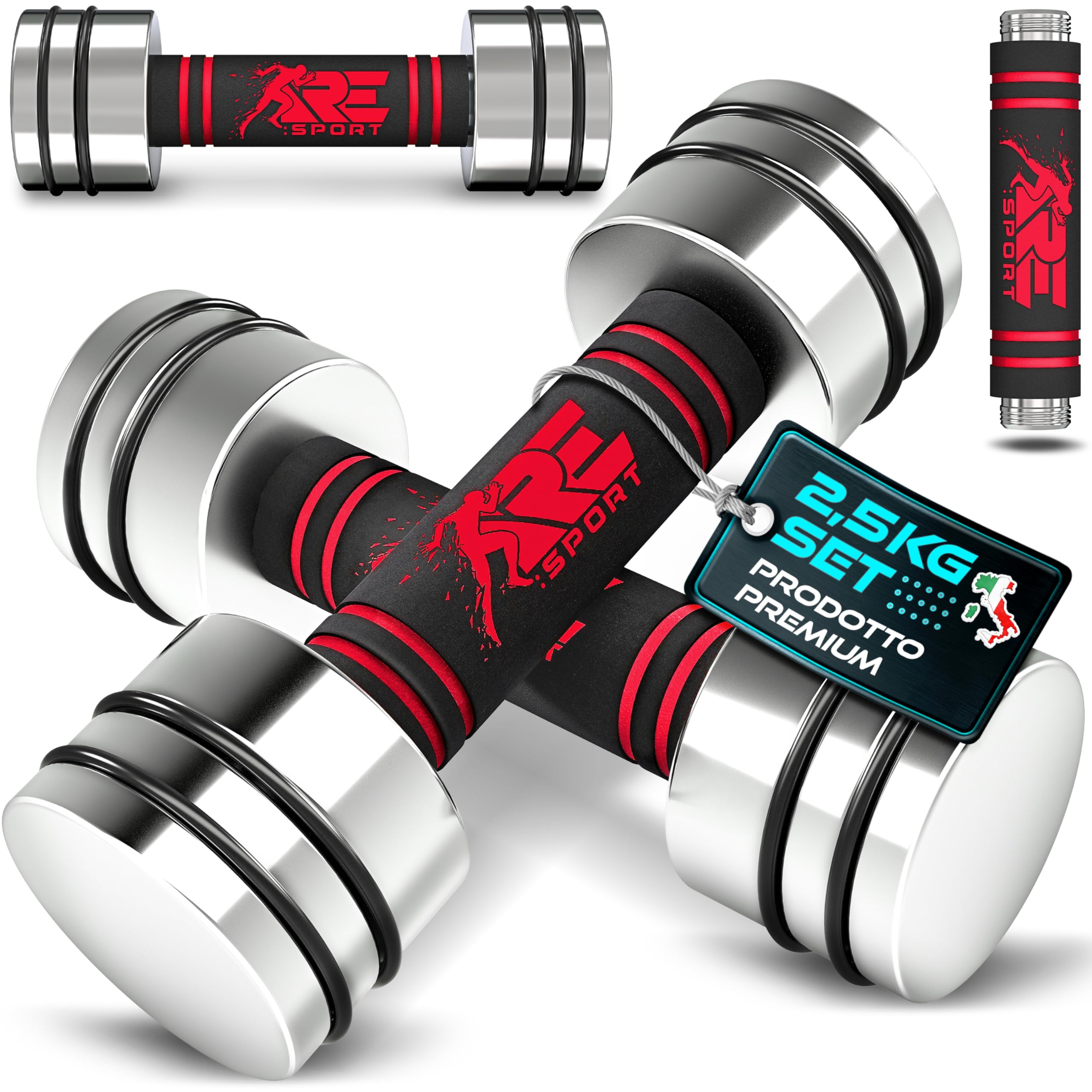 RE:SPORT Set di 2 manubri in acciaio massiccio, 2,5/5/7,5/10 kg, manubri corti con pesi e manico in gommapiuma, bilancieri per fitness, allenamento della forza e costruzione muscolare