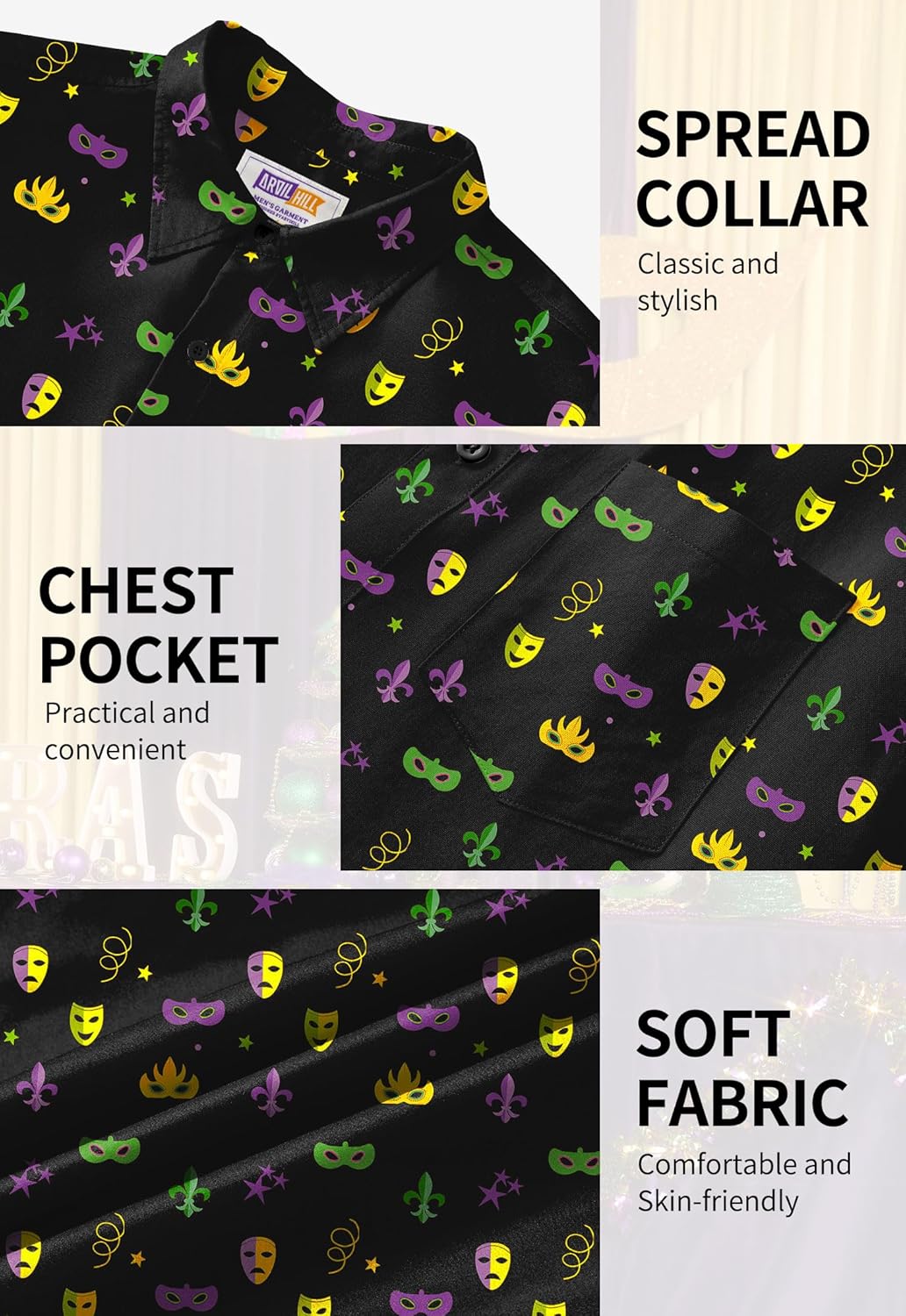 Arvilhill Men's Mardi Gras Shirt Fat Tuesday Short Sleeve Button Shirts (S-3XL) - Image 6