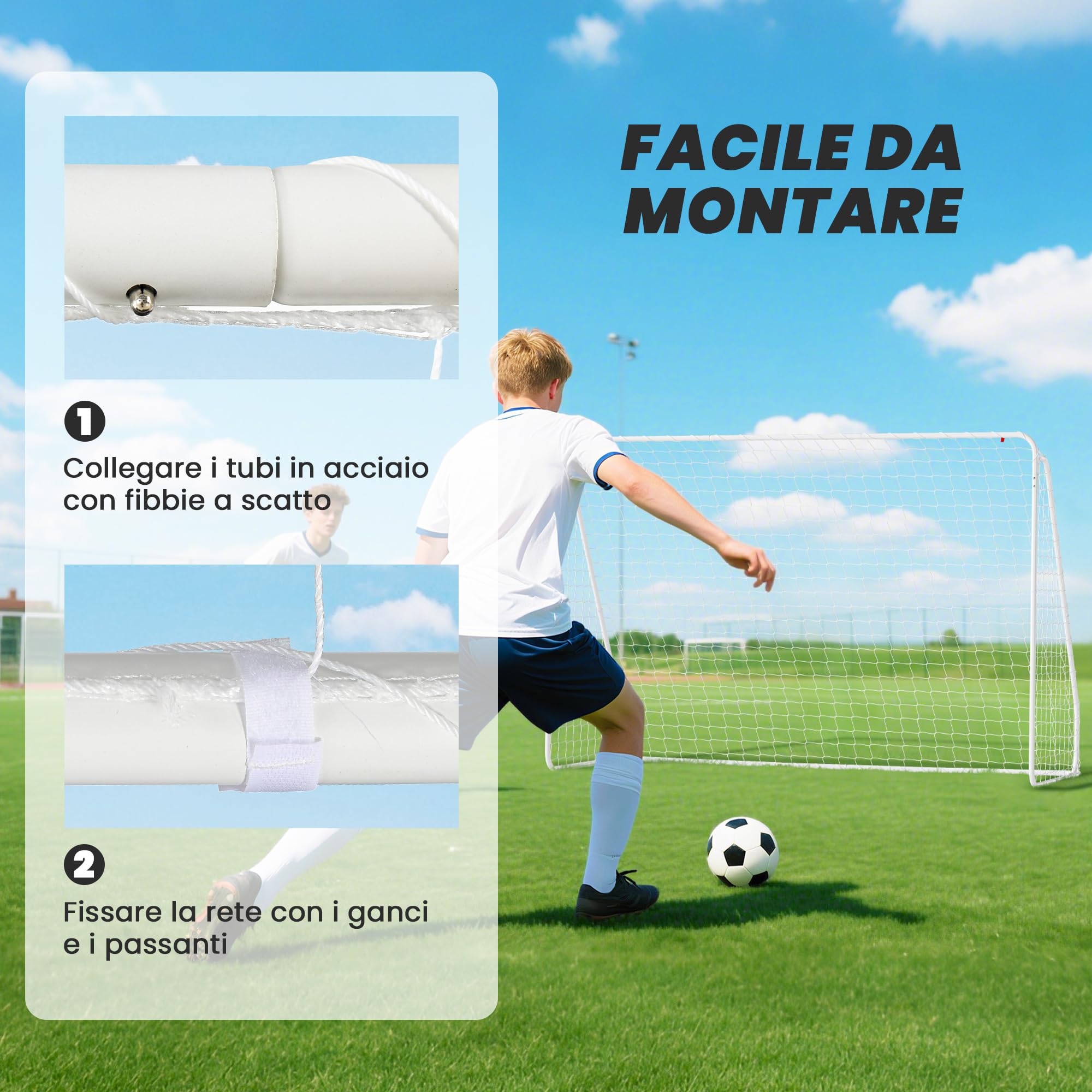HOMCOM Porta da Calcio per Giardino e Parco Adulti 301x120x200 cm Bianco | 6 Picchetti a U, Rete da Calcio in PE e Metallo