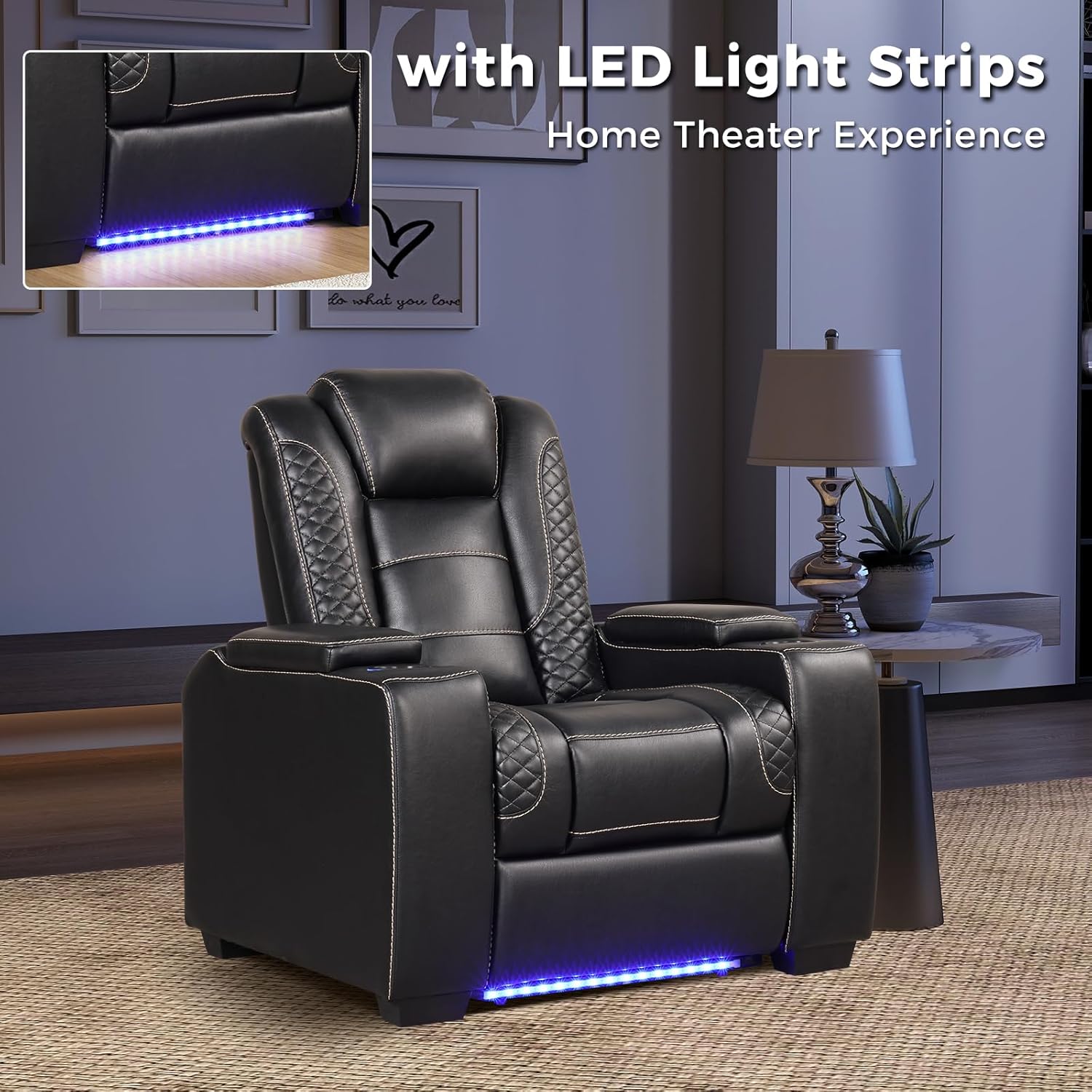 EBELLO Power Home Theater Seating, Electric Gaming Recliner Chair with Adjustable Headrest, Faux Leather Movie Reclining Chairs with Cup Holders LED Lights,USB Port,Hidden Arm Storage, Black