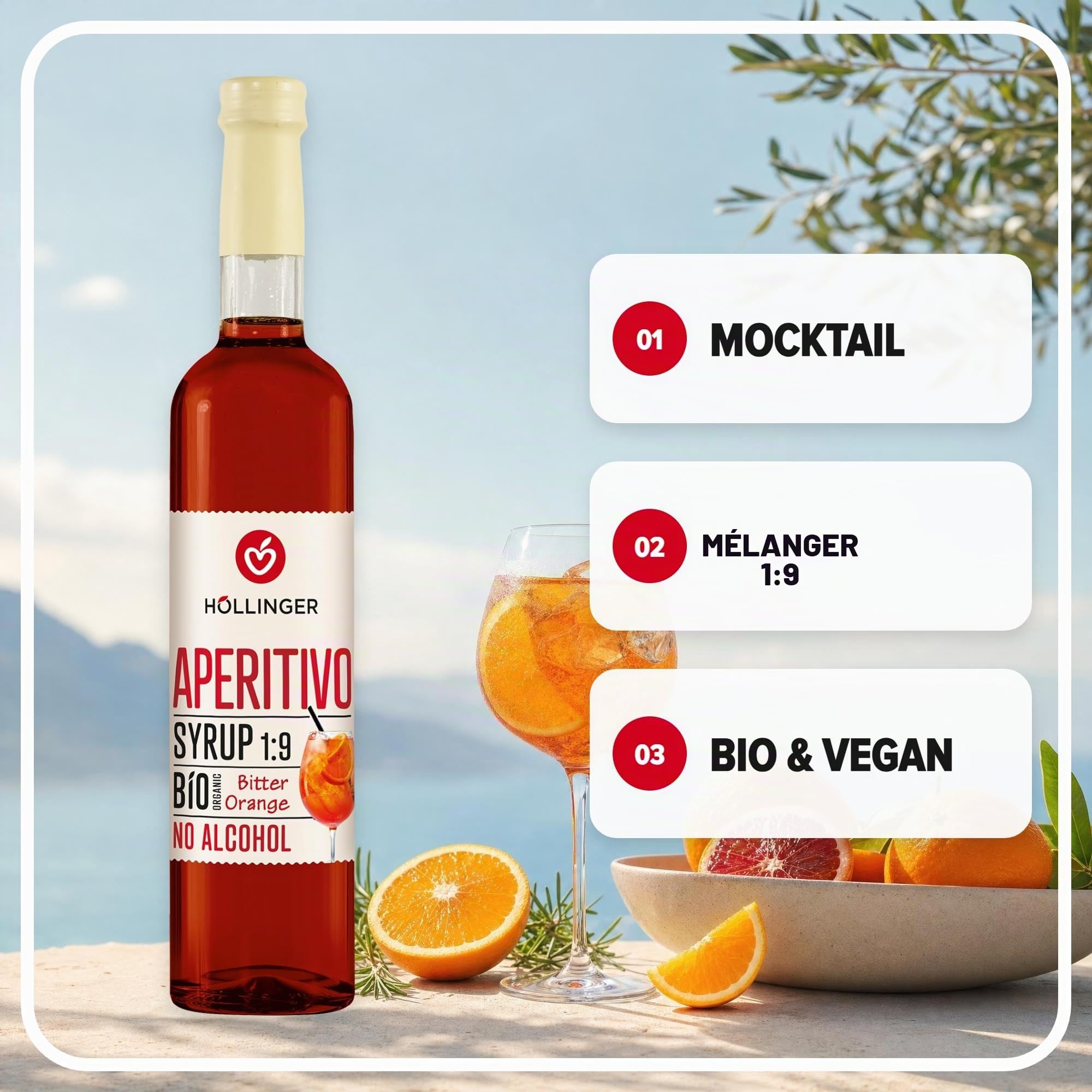 Höllinger Sirop à cocktail bio aperitivo - vegan, bouteille en verre 3x500ml - cocktail sans alcool