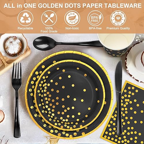 Miniatura 4 de Black and Gold Party Supplies-Golden Dot Paper Plates,Black Napkins&Cups and Plastic Utensils,Gold Rim Disposable Paper Tableware for