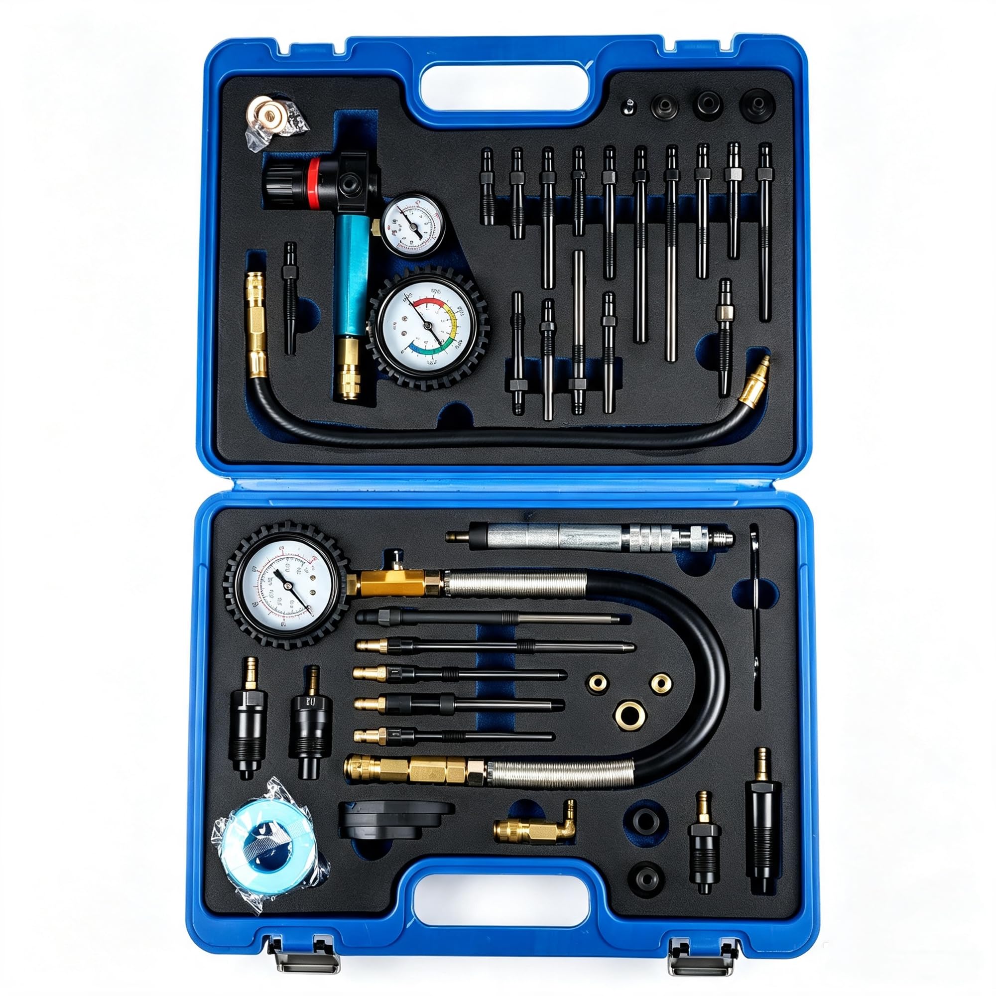 46 Pezzi Tester di compressione e Perdite per Motori a Benzina & Diese compatibile con motori diesel e benzina per la maggior parte delle auto, camion, moto (scatola blu) Hopzty