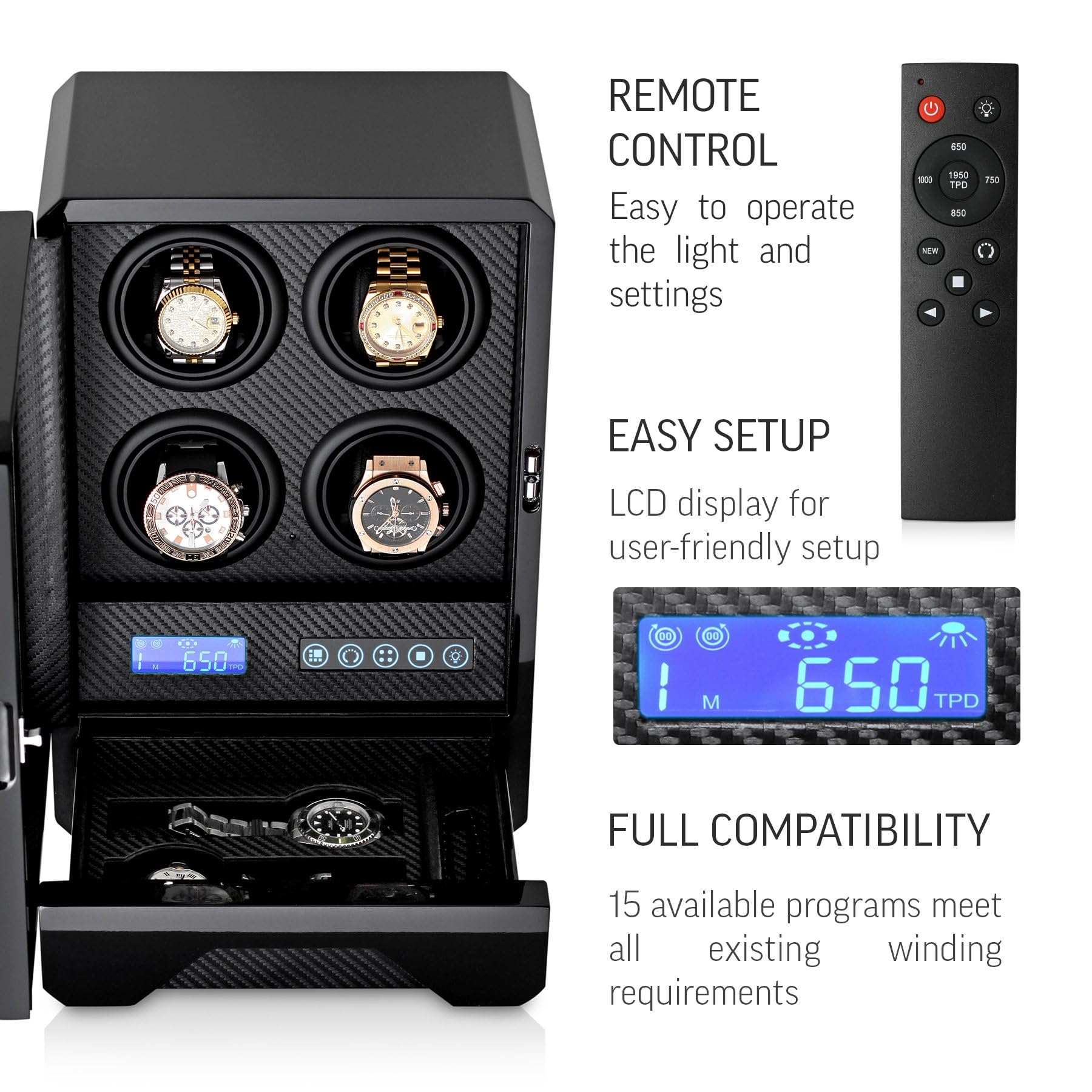 Enrollador automático de relojes para 4 relojes con luz LED, pantalla LCD, control remoto y cajón de almacenamiento, Negro -, Bobinador de relojes
