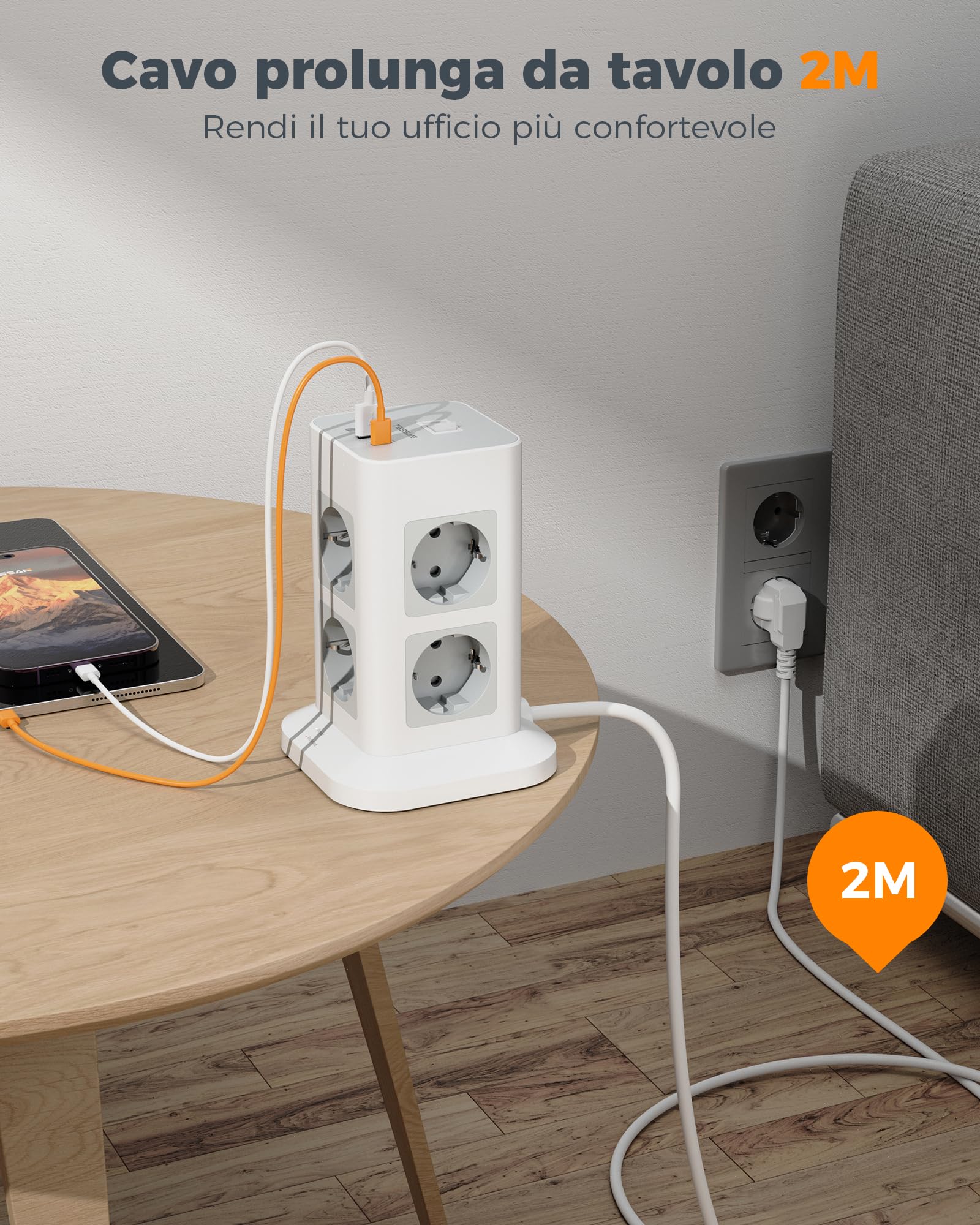 TESSAN Ciabatta Multipresa con USB, Multipresa Elettrica con 8 Spina Schuko Tipo F e 3 USB, Presa Multipla con Protezione Sovratensione e Interruttore, Prolunga Elettrica 2 Metri per Casa, Ufficio