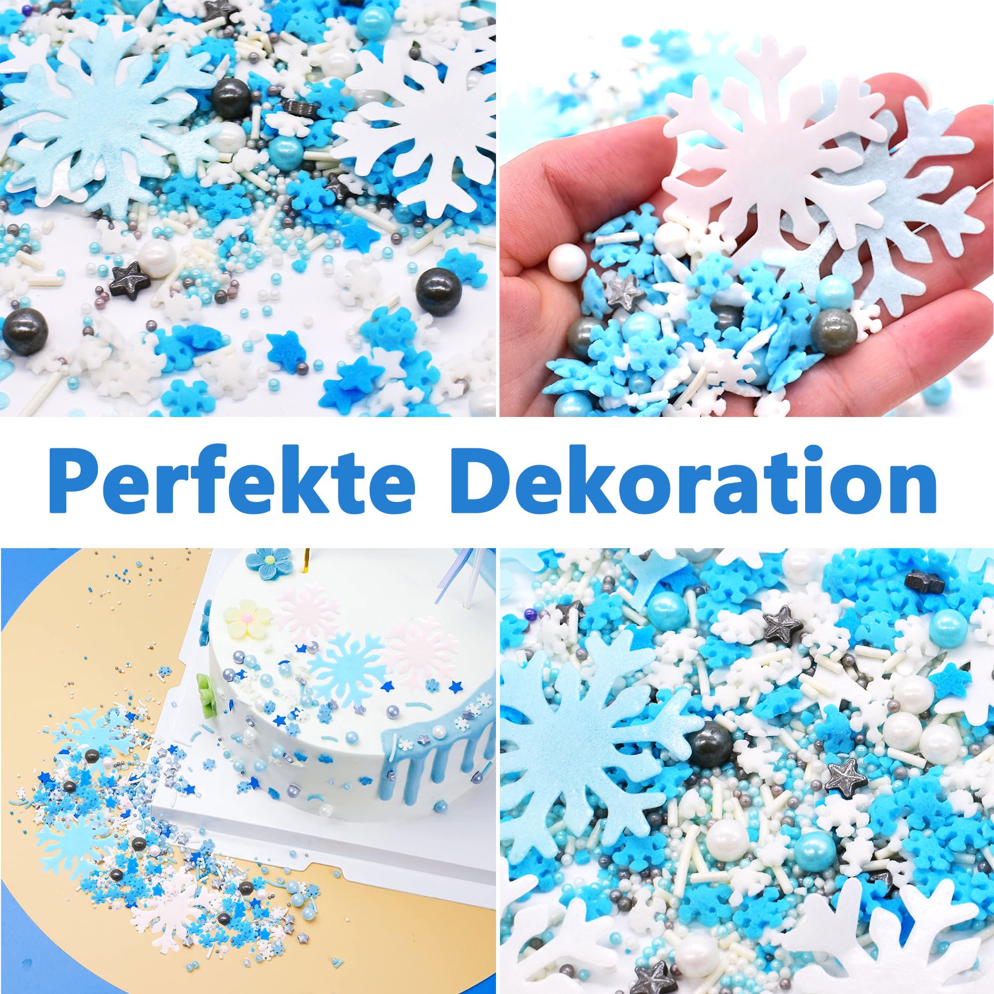 Schneeflocken-Kuchendekoration – 20 Topper & Konfetti, Silber/weiß/blau, Für Geburtstag & Weihnachten