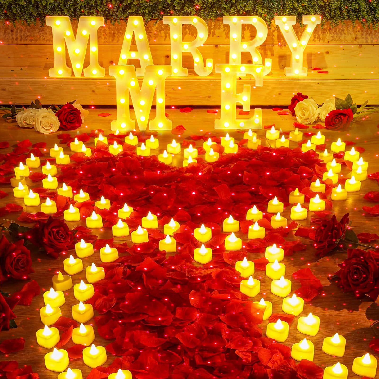Hanaive 8128 letras iluminadas para decoración de propuesta de matrimonio, 7 piezas de letrero de cásate conmigo con 120 velas románticas de corazón, 8000 pétalos de rosa, 1 luz nocturna romántica USB