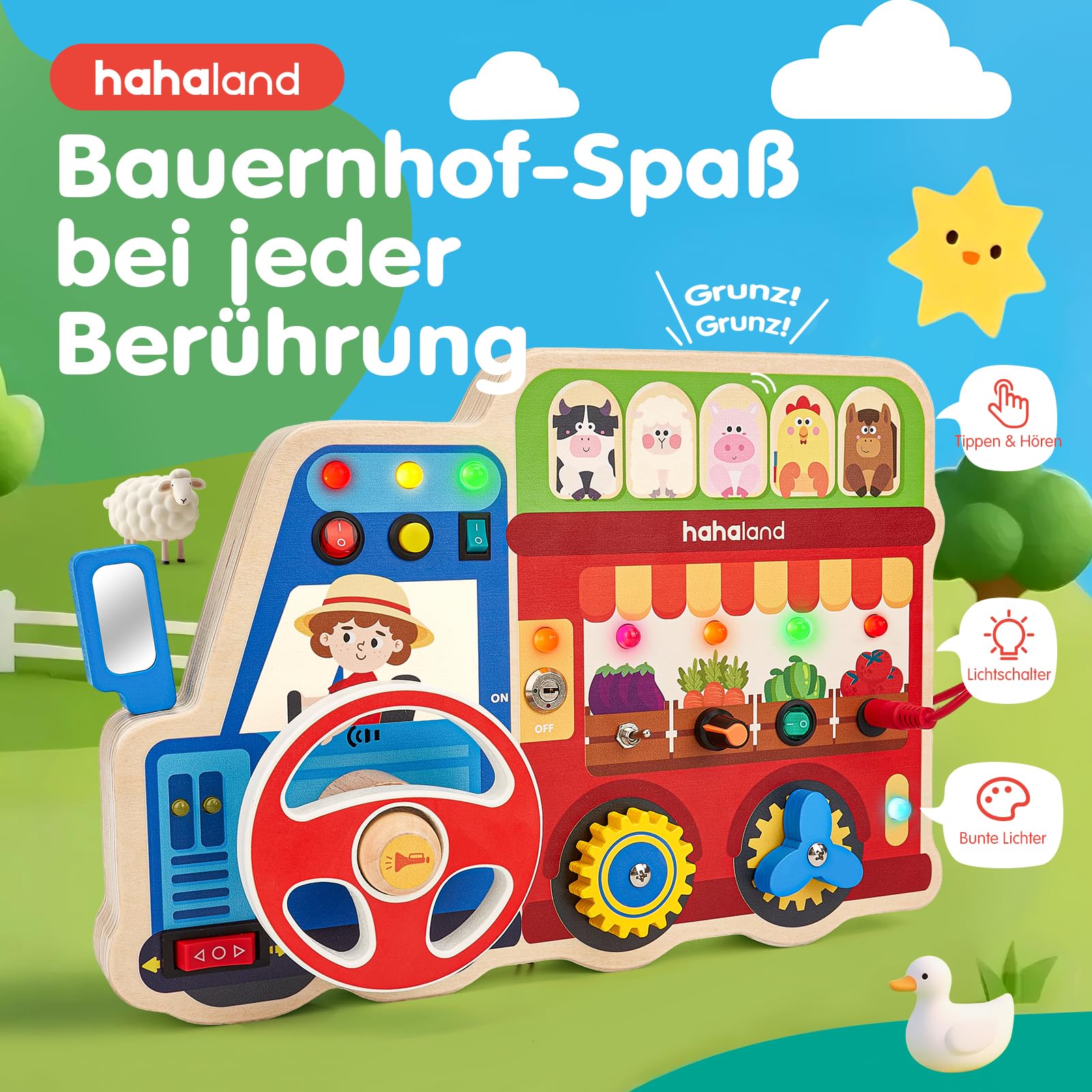 hahaland Baby Montessori Spielzeug Busy Board, Holz Activity Board mit 9 Schalter 11 LED, Tiere, Obst, Musik, Lenkrad, Motorikspielzeug Sensorik Lernspielzeug, Geschenk Jungen Mädch