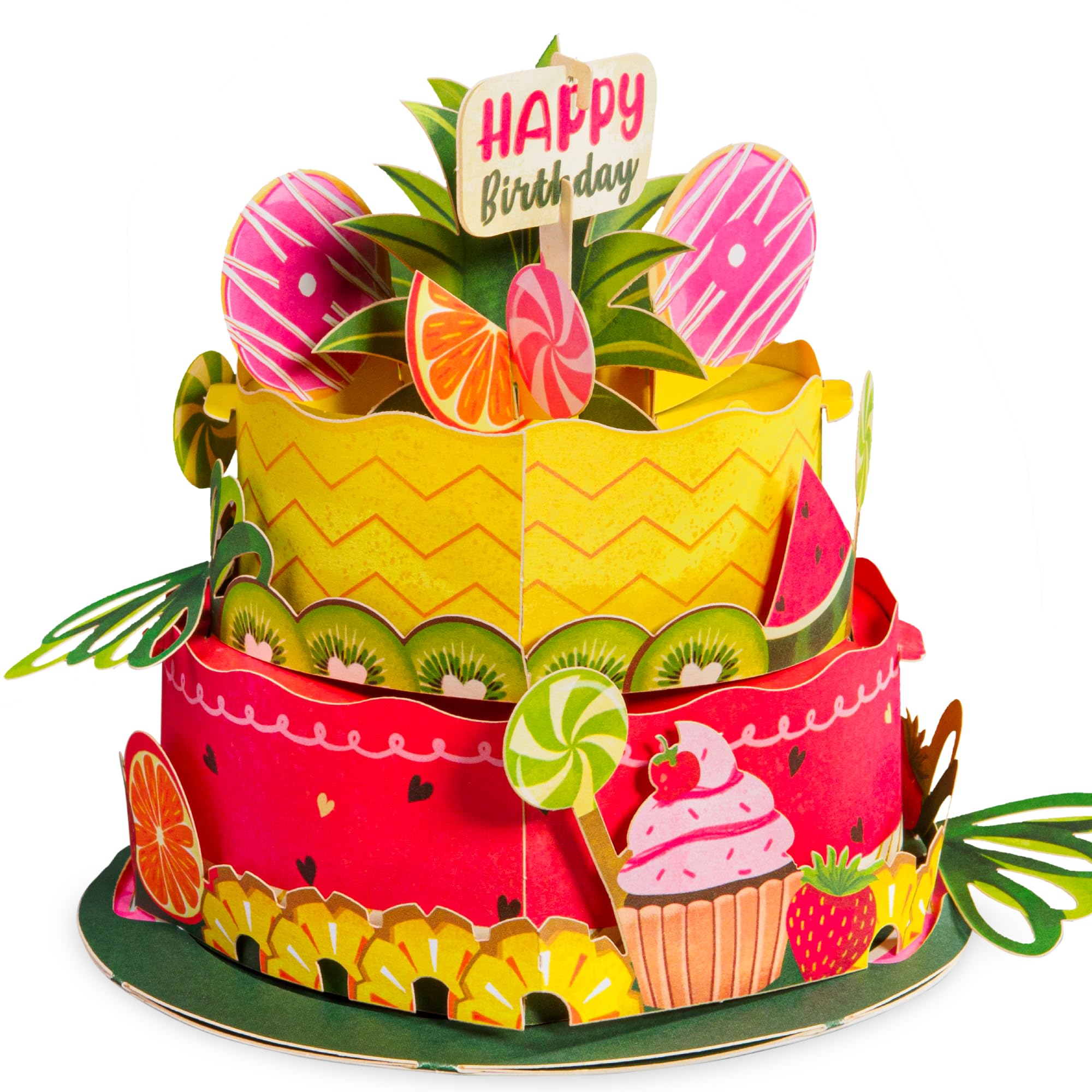 Paper Love 3D Tropical Birthday Cake Pop Up Card With Detachable Keepsake, For Adults or Kids | 5" x 7" Cover - Includes Envelope and Removable Note