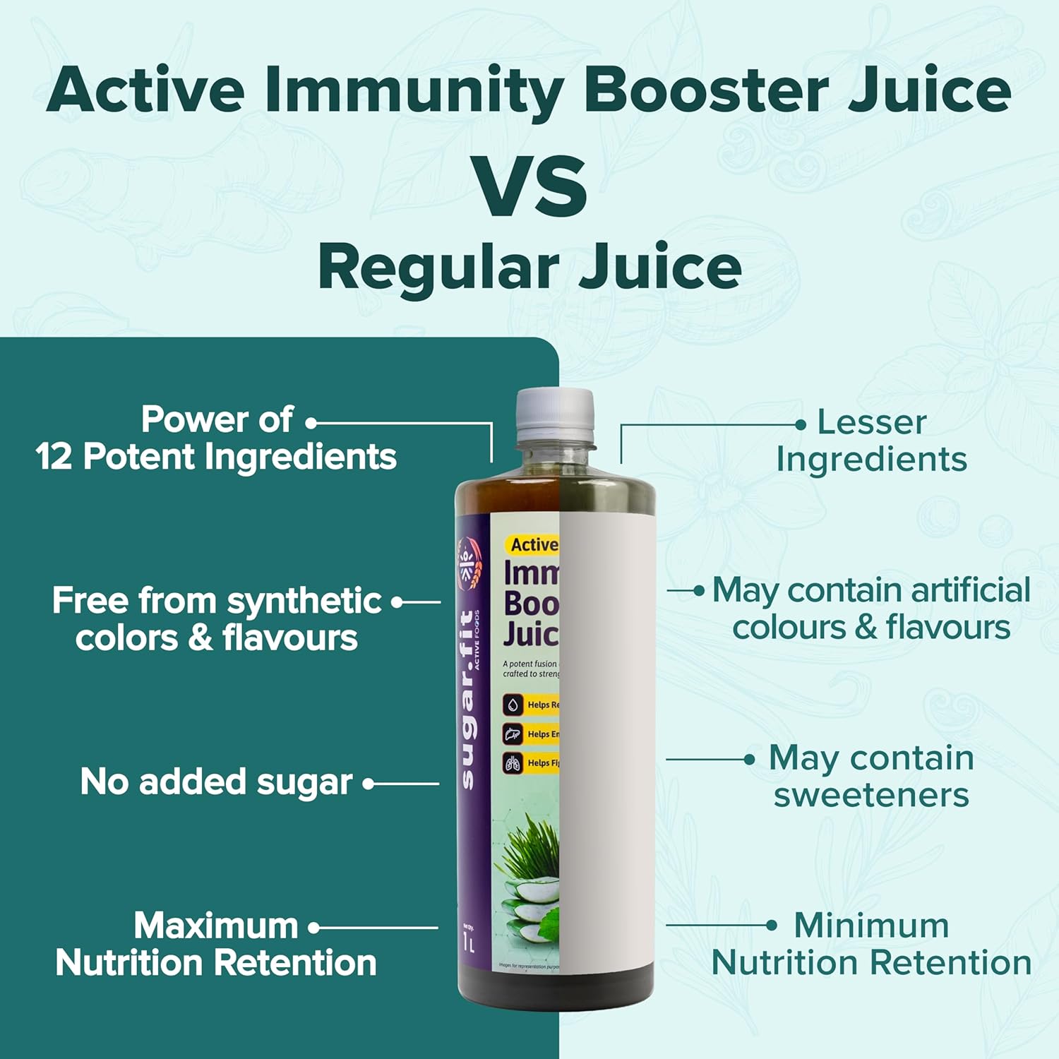 Sugar.Fit Active Immunity Booster for Adults - Tulsi Giloy Amla Juice, Zero Added Sugar with 12 potent Herbs, with Neem, Ashwagandha, Aloe vera, 1L 4 81M0bno3CyL. SL1500