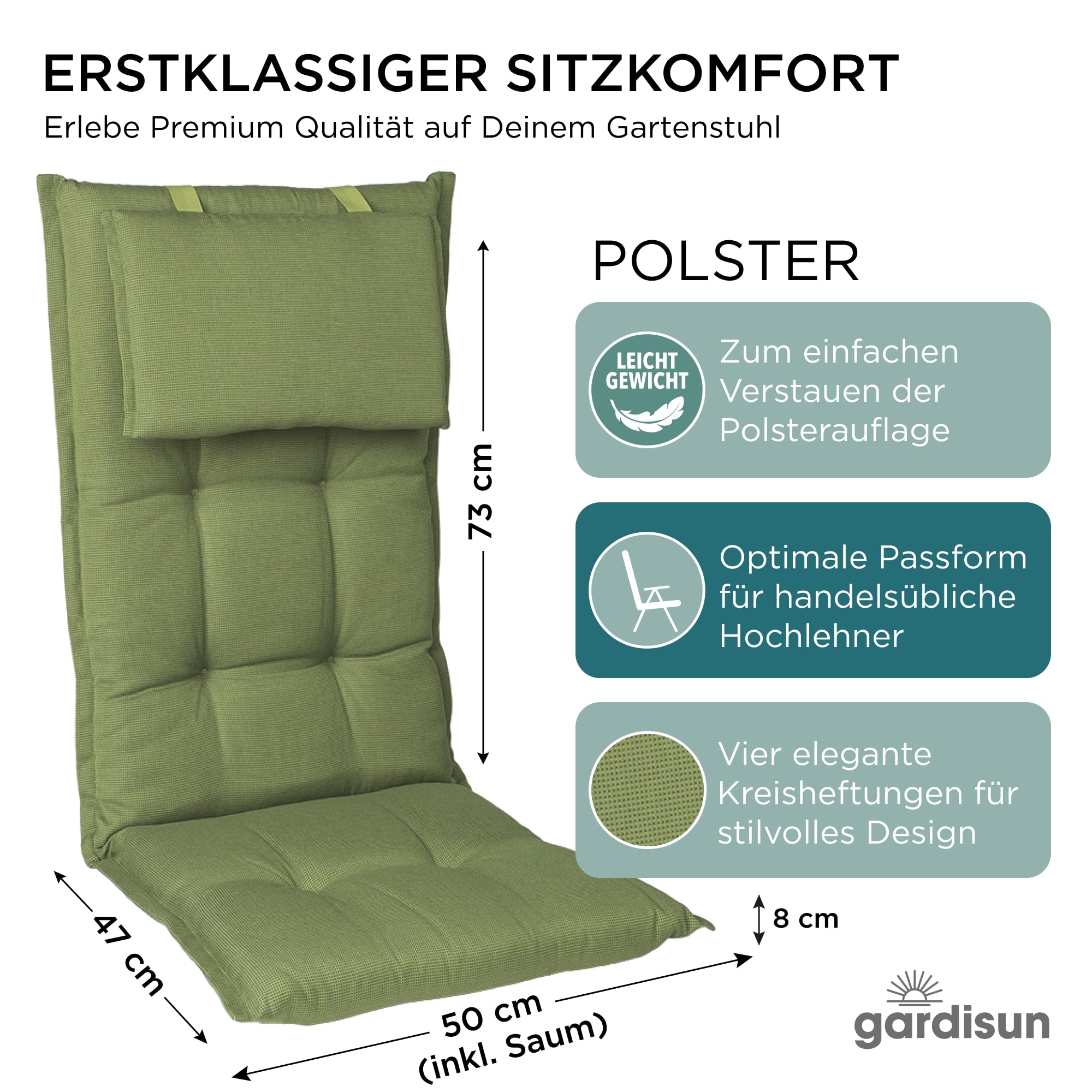 Gartenstuhlauflagen Hochlehner mit Kopfteil I Extra Dicke Sitzauflagen I Made in EU I Polsterauflagen für Hochlehner I Auflagen mit extra hoher Lichtechtheit I 2er Set I Grün