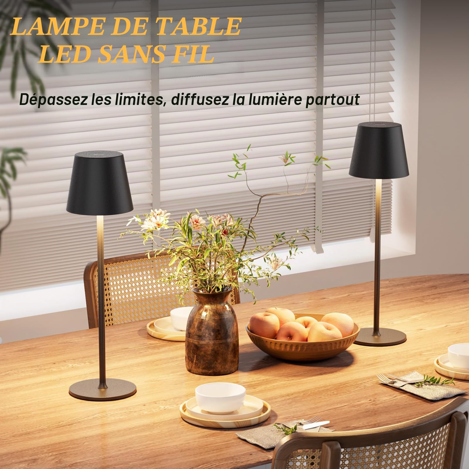 2 Pièces Lampe de Table LED Sans Fil, 3 Température de Couleur, Intensité Variable, Lampe de Chevet Tactile Rechargeable pour Chambre Salon Camping Jardin Café Extérieur(Noir)