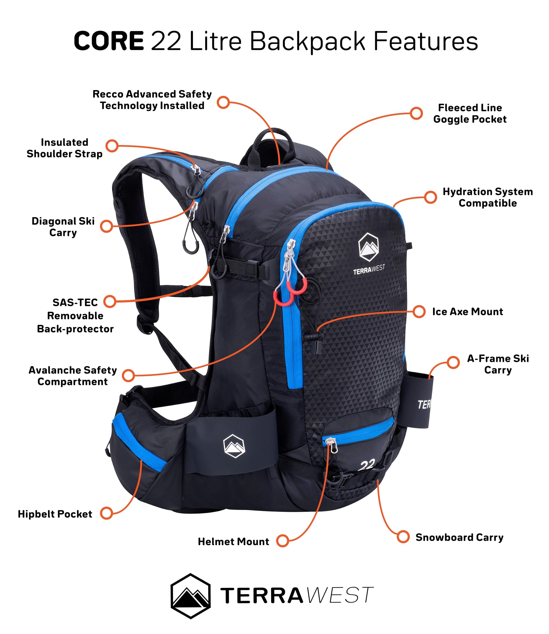 Mochila de esquí Core 22 con reflector Recco y protector de espalda azul océano naranja