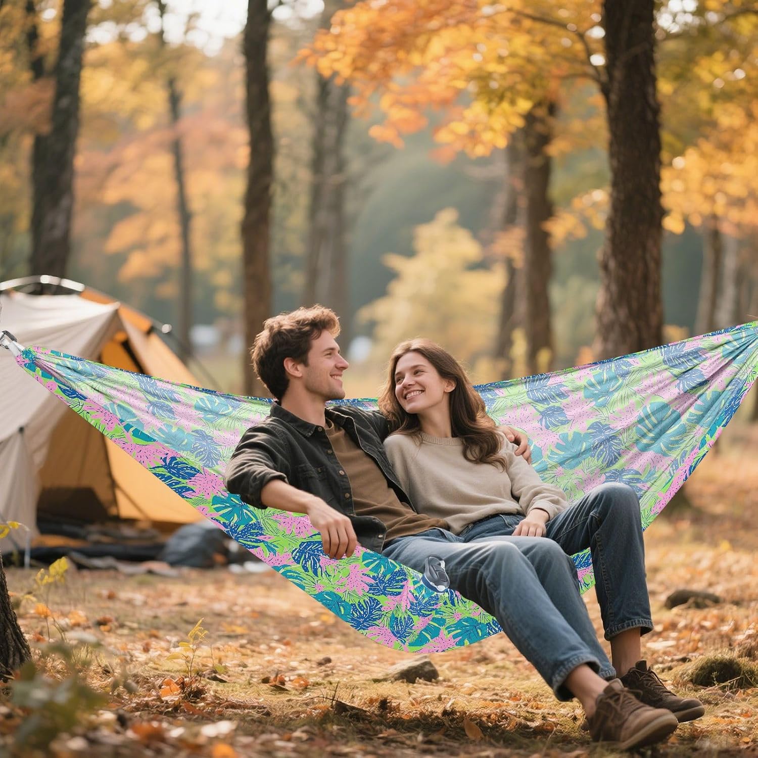 Tropical Colorful Leaves Hammocks with Portabl Carry Bag Rope Hammock for Outside Camping Essentials