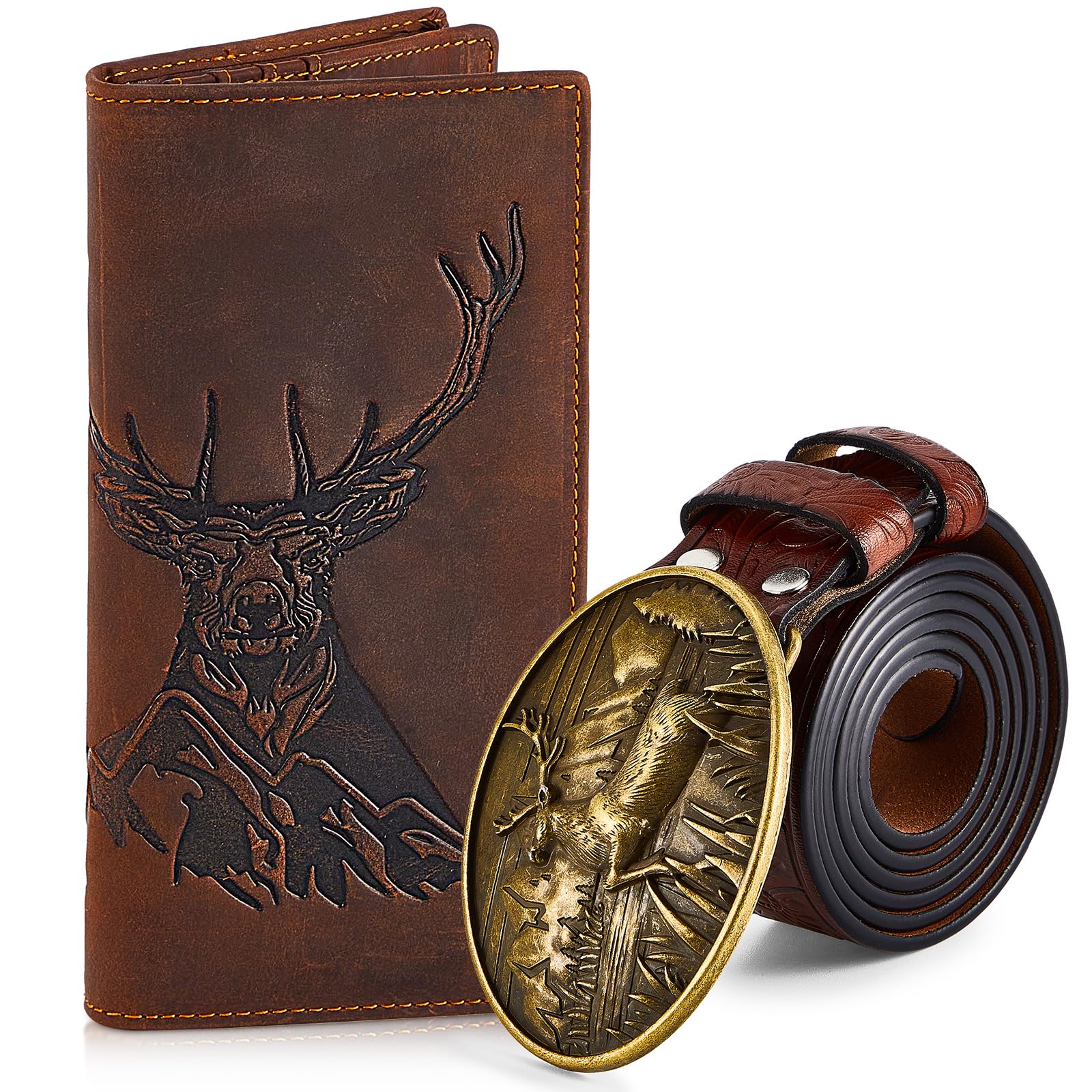 Paterrdeer Father's Day Long Wallet for Men Deer Leather Bifold Rodeo Western Cowboy Wallet ID Window and Rfid Blocking Leather Belt Hole Puncher Accessory Set for Boyfriend Husband Christmas Gift