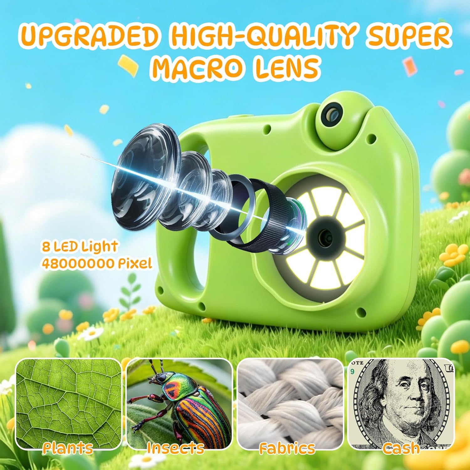 2 in 1 Kids Microscope & Camera, 1080p Hd Autofocus Digital Microscope, 48mp 1000x Magnification Handheld, Stem Educational Toy with 32gb Sd Card, Birthday for 3-12 Boys Girls (Green)