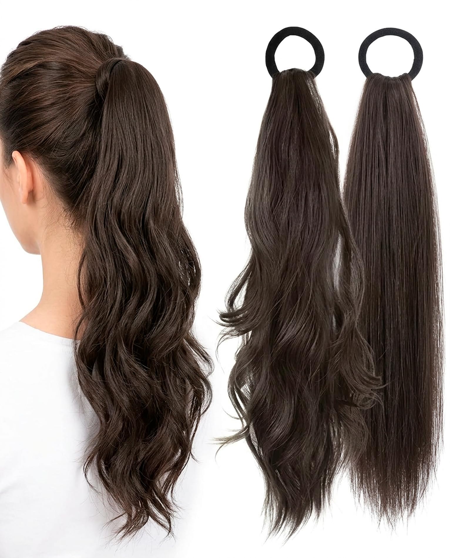 2Pcs Hair Ponytail Extensions for Women, Hair Extension for Women Real Hair, Dark Brown Clip In Ponytail Extension Set, Straight and Curly Hairpiece for Quick Hair Styling-image-27