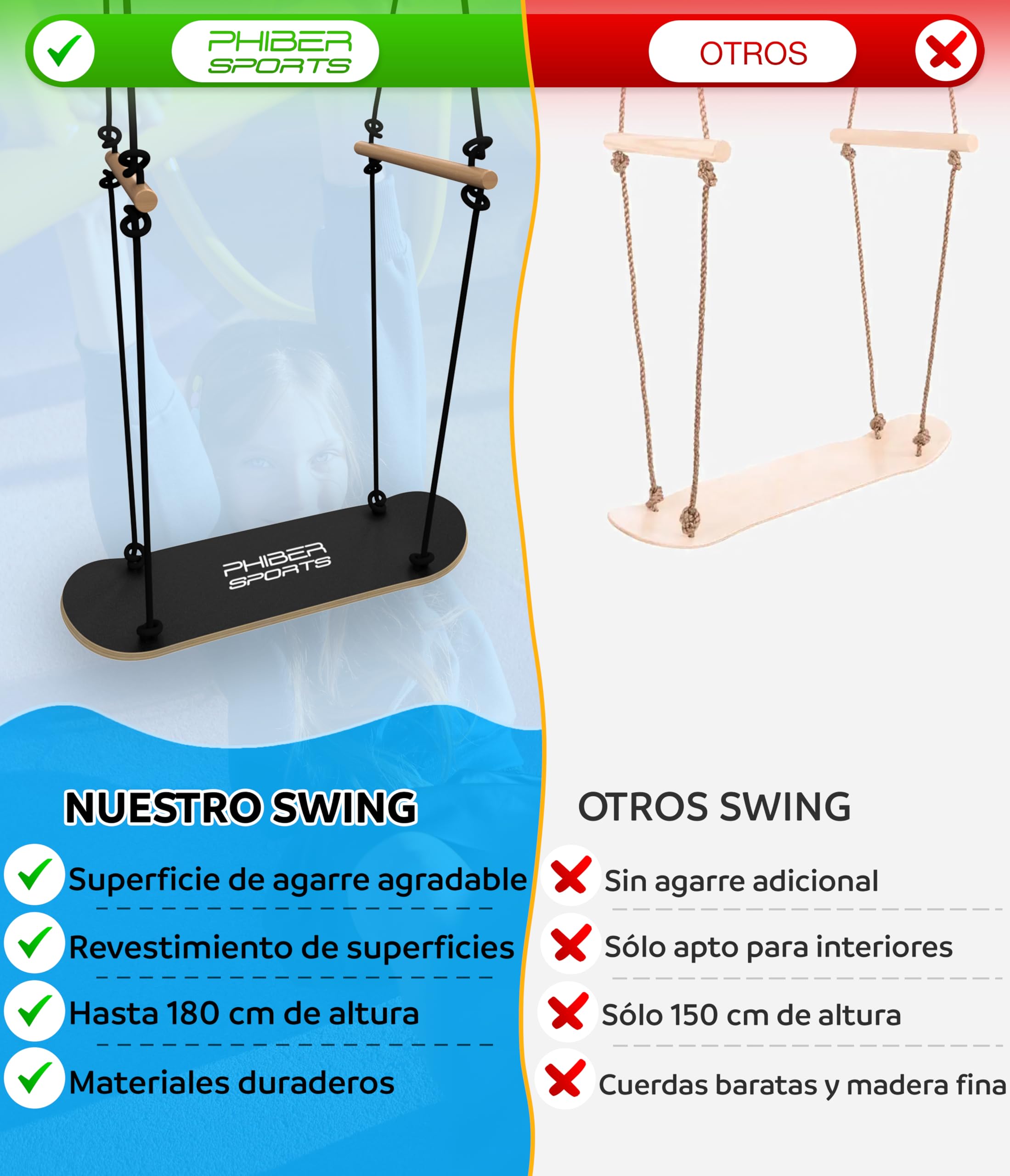 PHIBER-SPORTS columpio de skateboard al aire libre para niños - duradero, resistente al clima, antideslizante, para estar de pie y sentarse - accesorio de columpio de skateboard de madera - columpio
