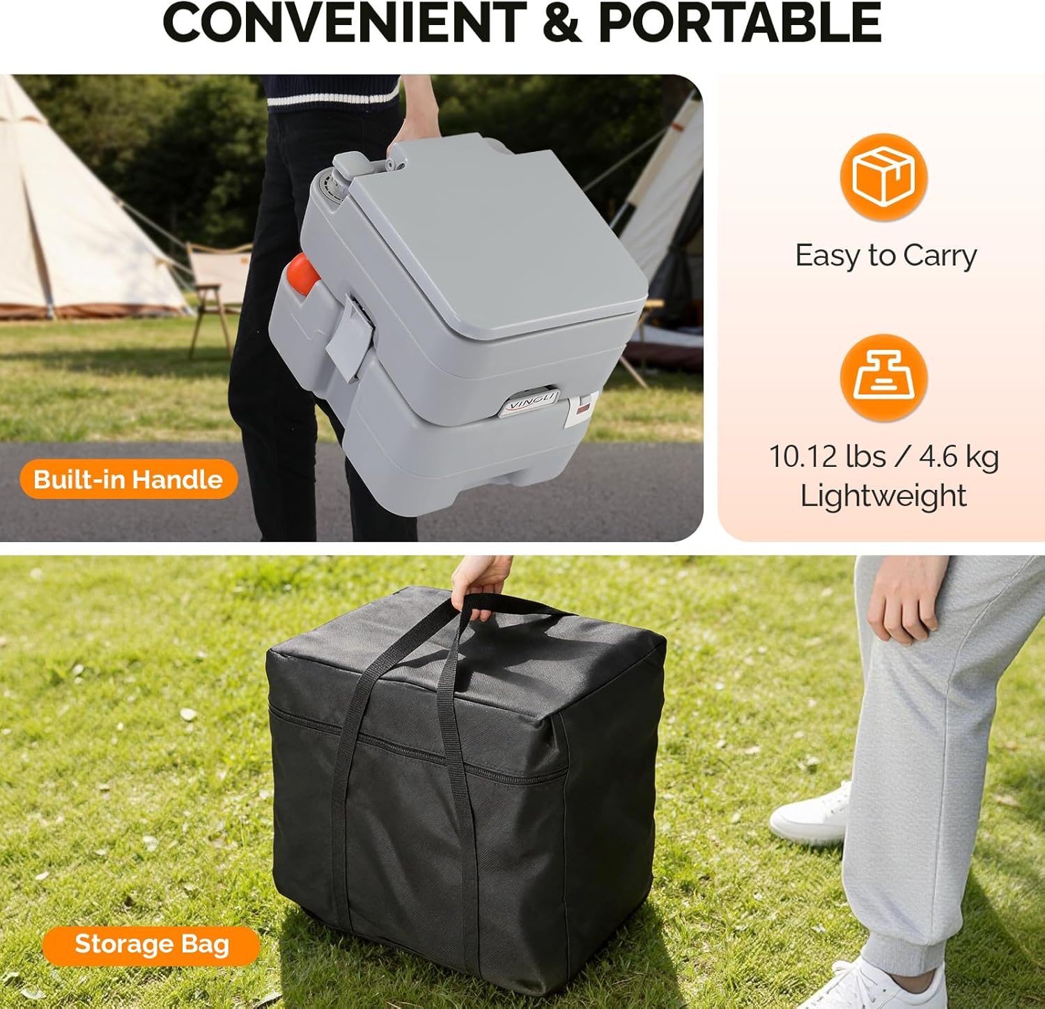 VINGLI Portable Toilet for Camping, 5.8 Gallon Capacity with Carry Bag, Camping Toilet with Detachable Waste Tank for Adult, Heavy Duty HDPE Construction for Outdoor Travel (Grey, 5.8 Gal)