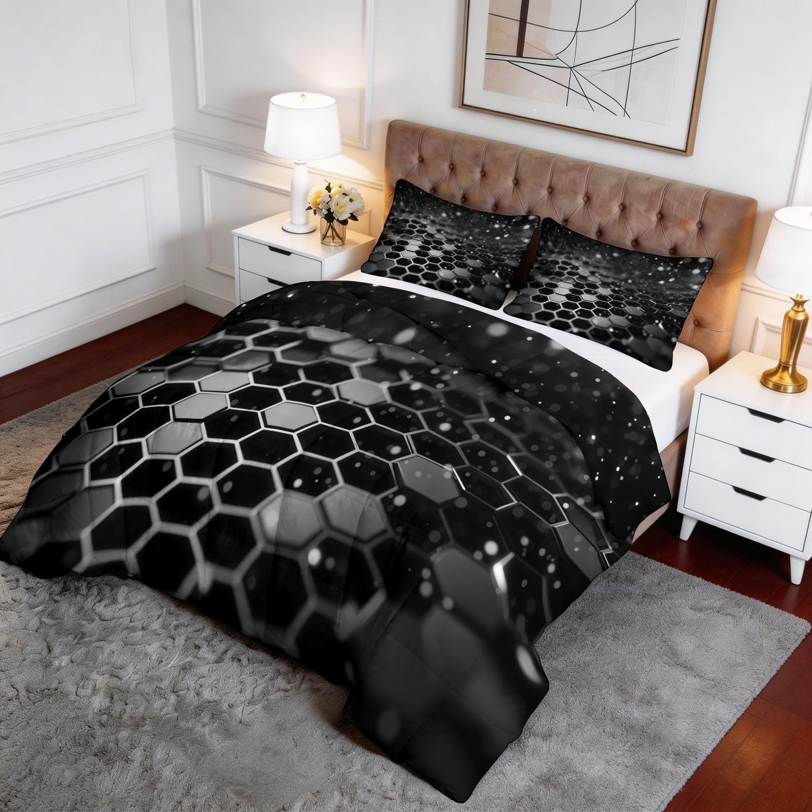 Piumino 4 Stagioni 150x200 cm Forme geometriche nere esagoni Trapunta Copriletto Imbottito Leggero in Microfibra Soffice, Trapuntino Stampa Reversibile Estate e Inverno