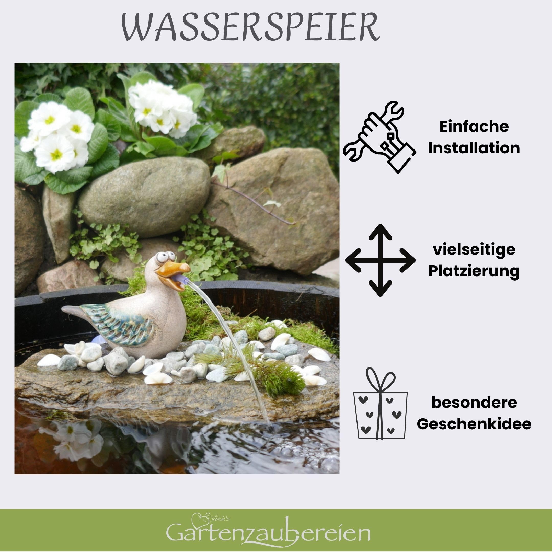 Storm's Gartenzaubereien Keramik Möwen-Wasserspeier mit 1,8m Kabel - 2,5W Pumpe - Handbemalte Teichdeko - für Gartenteiche, Terrassen - Balkone - Maritime Deko