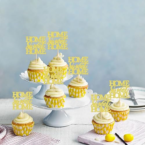 Miniatura 10 de Ercadio Paquete de 30 adornos para cupcakes Sweet Home con purpurina dorada para bienvenida a casa, candado de llave para inauguración de la casa,