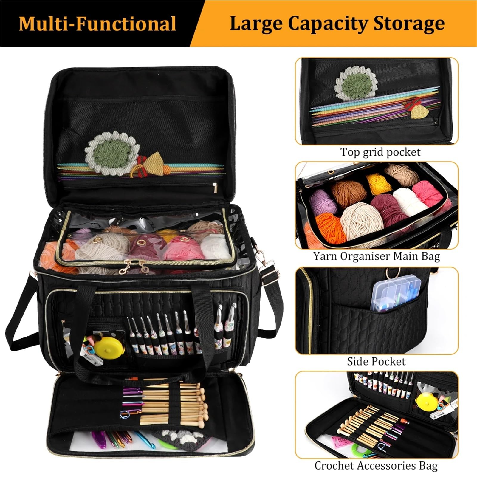 Bolsa de almacenamiento for lanas gran capacidad, ganchos lana for tejer agujas, bolsas mano, organizador accesorios for herramientas costura para Agujas, Hilo(Black)