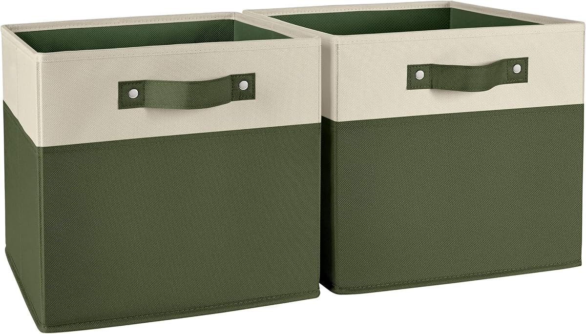 RiverRidge Two-Tone Folding Storage Bins - 2-pack of 10in Tall Olive Cubes | Fabric Bins, Fabric Handles, Set of 2 Storage Cubes, Playroom Closet Organizer, Collapsible Cubby with Bottom Board Insert