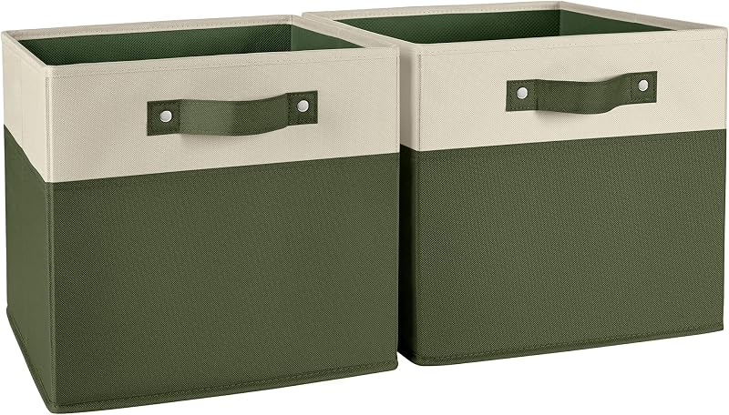 RiverRidge Two-Tone Folding Storage Bins - 2-pack of 10in Tall Olive Cubes | Fabric Bins, Fabric Handles, Set of 2 Storage Cubes, Playroom Closet Organizer, Collapsible Cubby with Bottom Board Insert