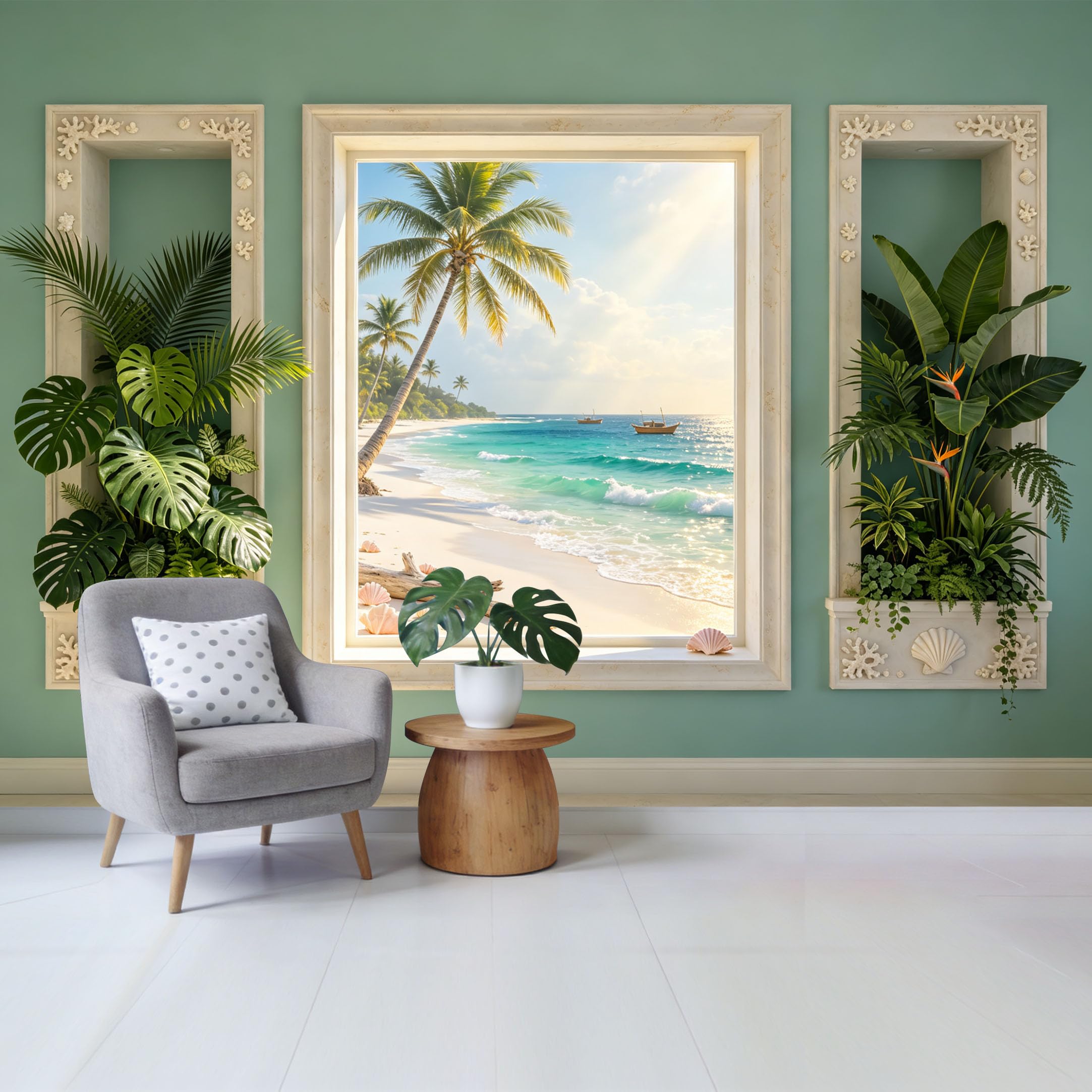 Custom Size Wall Mural Tropical Coastal Beach Palm Tree Ocean View Removable Self Adhesive Fabric Home Wall Decor for Living Room Bedroom Bathroom