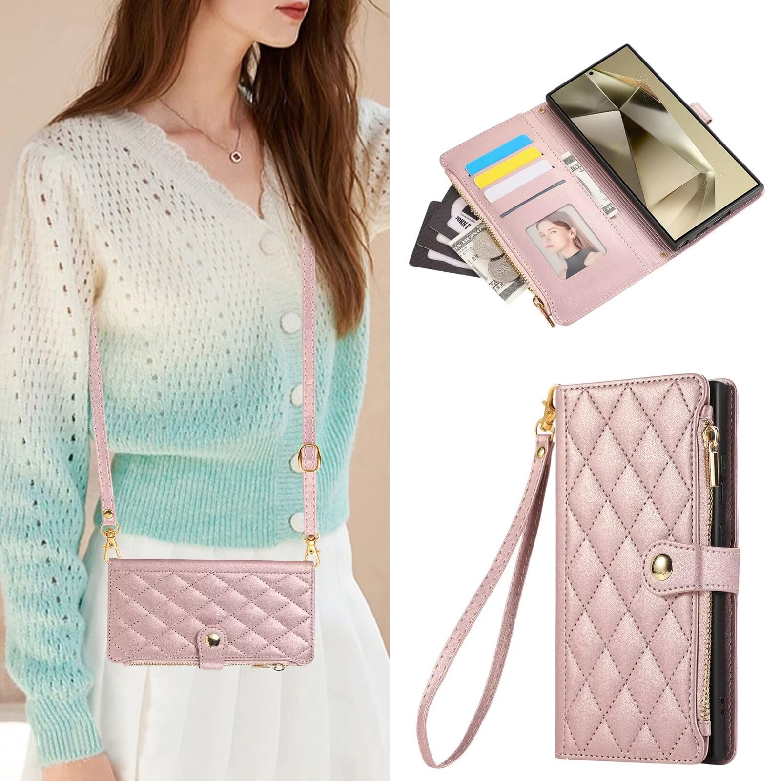 Phone Case for Sony Xperia 1 VI,with Card Holder Zipper Wallet with Lanyard Wristlet Protective Phone Case,Flip Case Leather Wallet Case,Rosegold