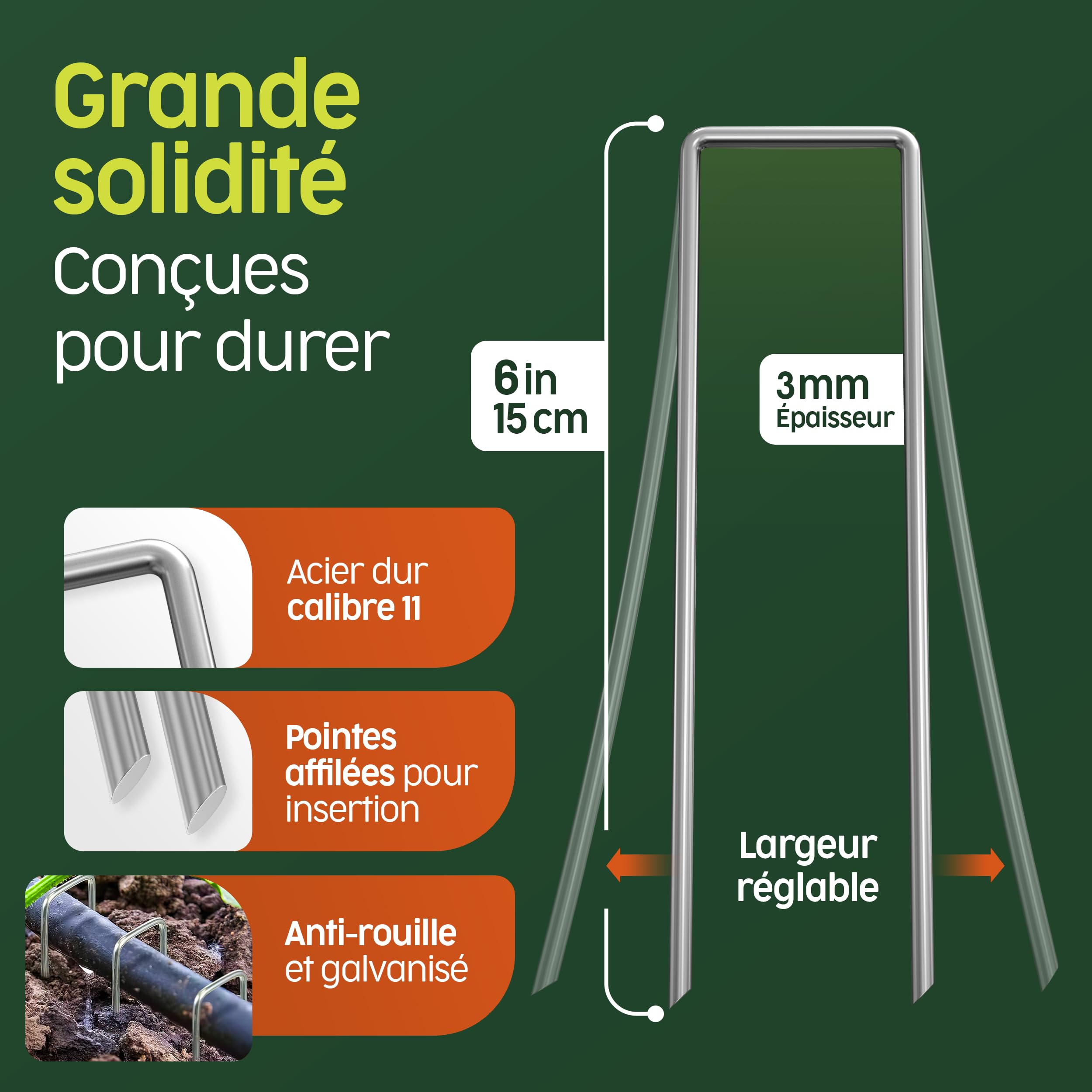 PORTENTUM Agrafes de Jardin 50 pcs + 8 Rondelles – Sardines de Fixation pour Sol Dur, Piquets de Jardin, Piquet Ancrage pour Tomates, Agrafes pour Toile de Paillage et Gazon Synthétique