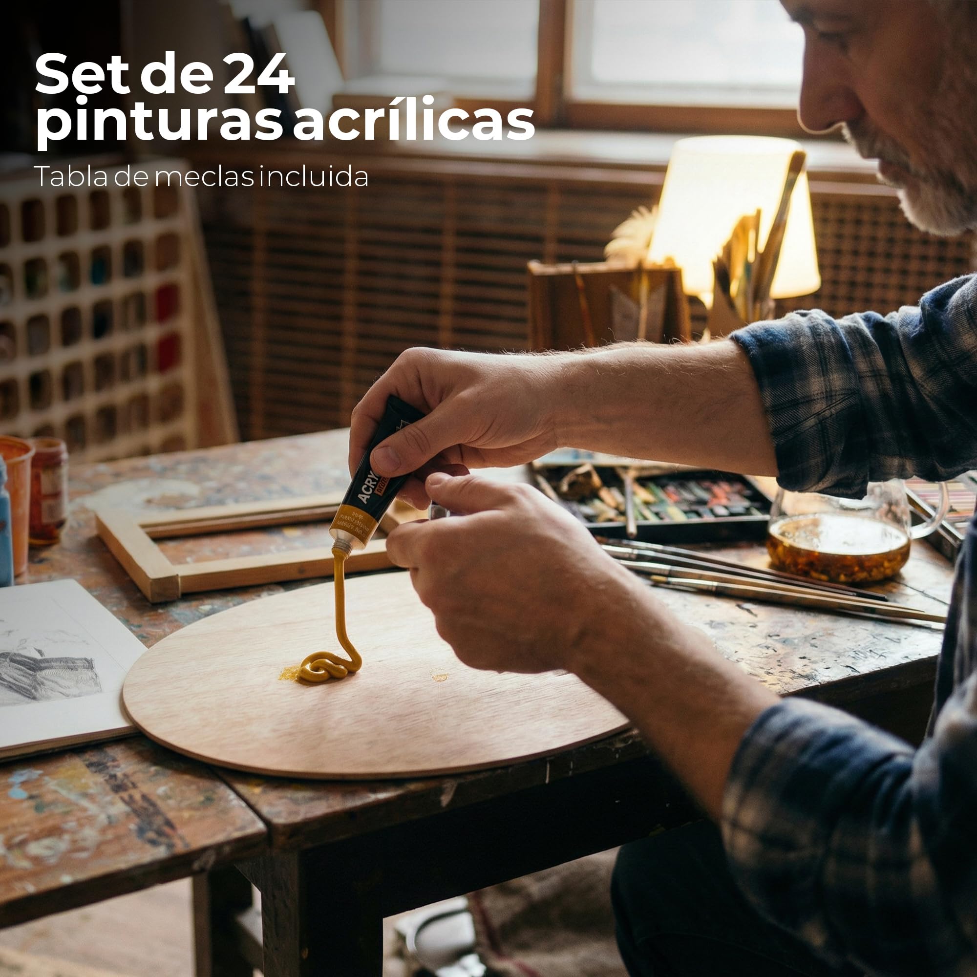 Kit de Pinturas Acrílicas Profesional, 24 Colores con 24 Pinceles, 20 Lienzos A4, Paleta de Mezclas de Madera y Estuche de Almacenamiento