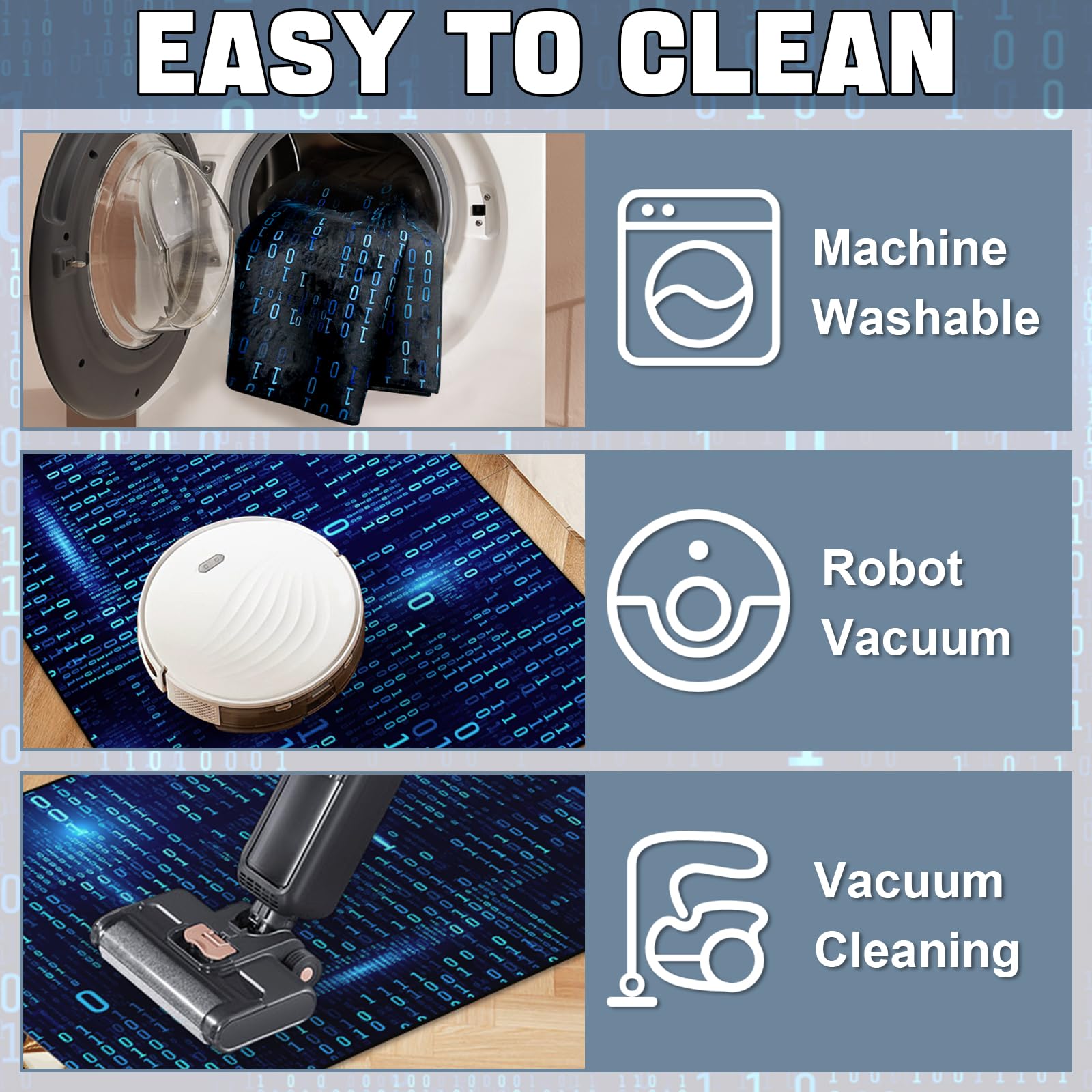 Washable Game Area Rug, Binary Code Design Gaming Programmer Teen Carpet Rug Doormat, Non-Slip Low-Pile Floor Carpet for Computer Bedroom Indoor Front Entrance Living Room Office (60" x 40"): Blue Binary Code Area Rug 3'11" x 5'3" (Rectangular)