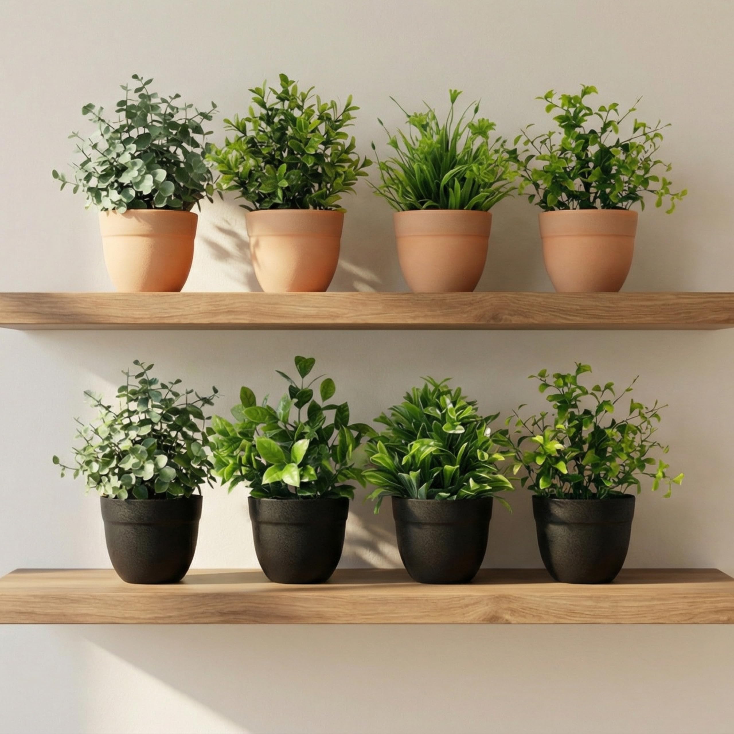 Dekorly Artificial Potted Plants, Artificial Plastic Eucalyptus Plants Small Indoor Potted Houseplants, Small Faux Plants for Home Decor Bathroom Office Farmhouse (Black&Brown Pot-8)
