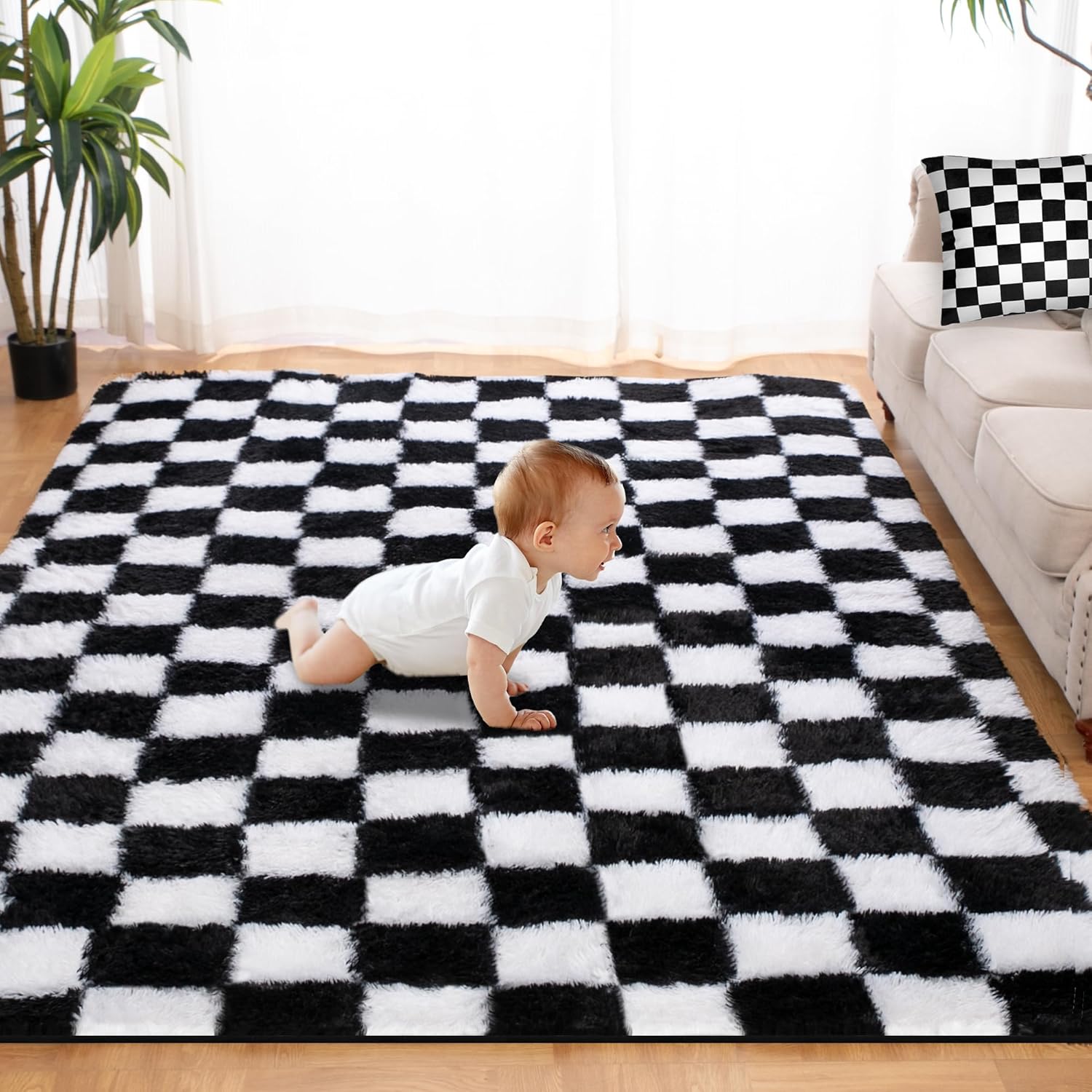 Super Soft Rug for Bedroom, 4x6 Ft Black and White Area Rug Classic Checkered Shaggy Anti-Skid High Pile Soft Fluffy Rug Fuzzy Carpet for Living Room Bedroom Kids Room Nursery, Dorm Home Decor Black and White 6' x 4' (Rectangular)