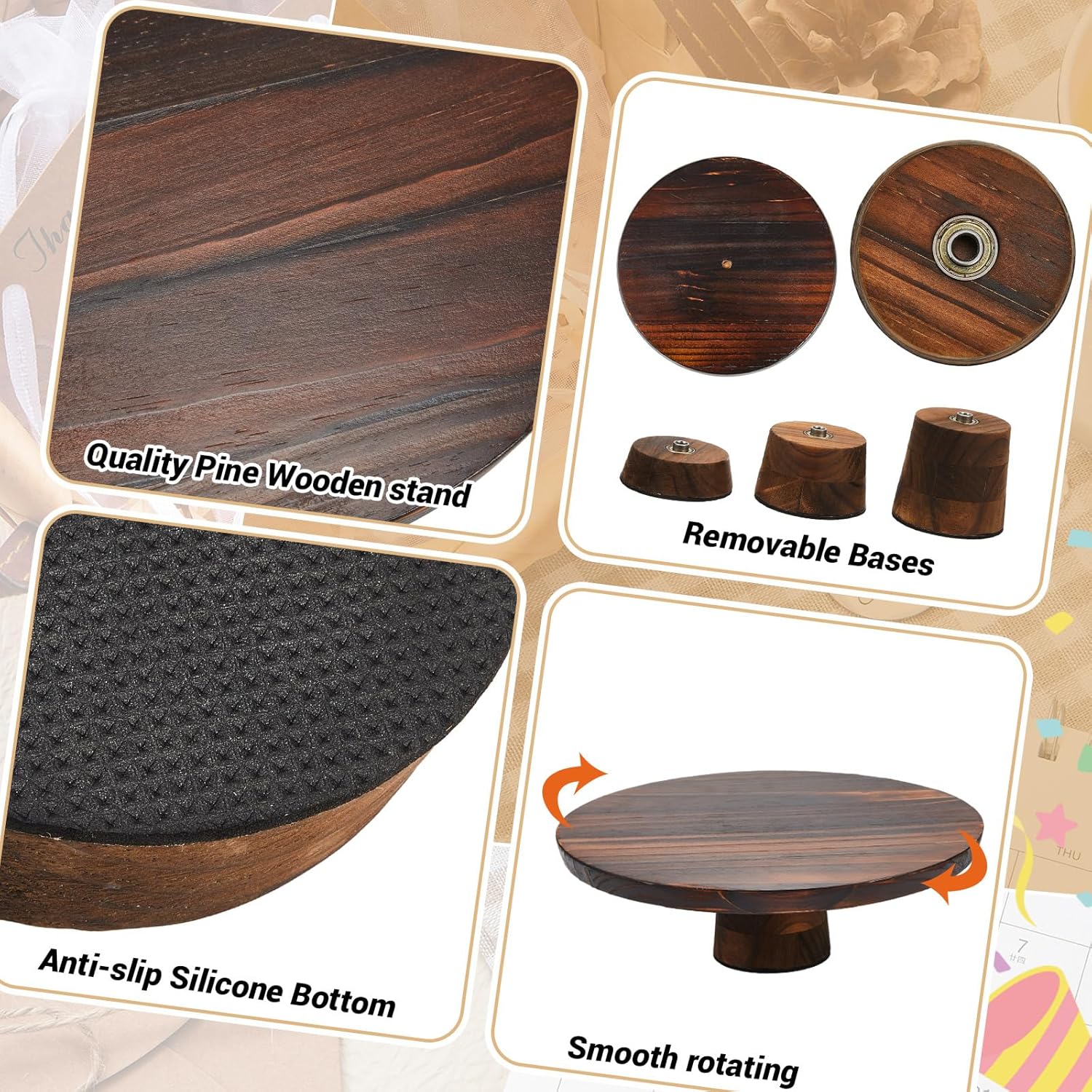 Jinei 4 Sets Wood Cake Stand Rustic 12 Inch Rotating Cake Stand Food Round Risers Turntable for Party Cake Base Wood for Display Parties Weddings Restaurants Decorating Supplies