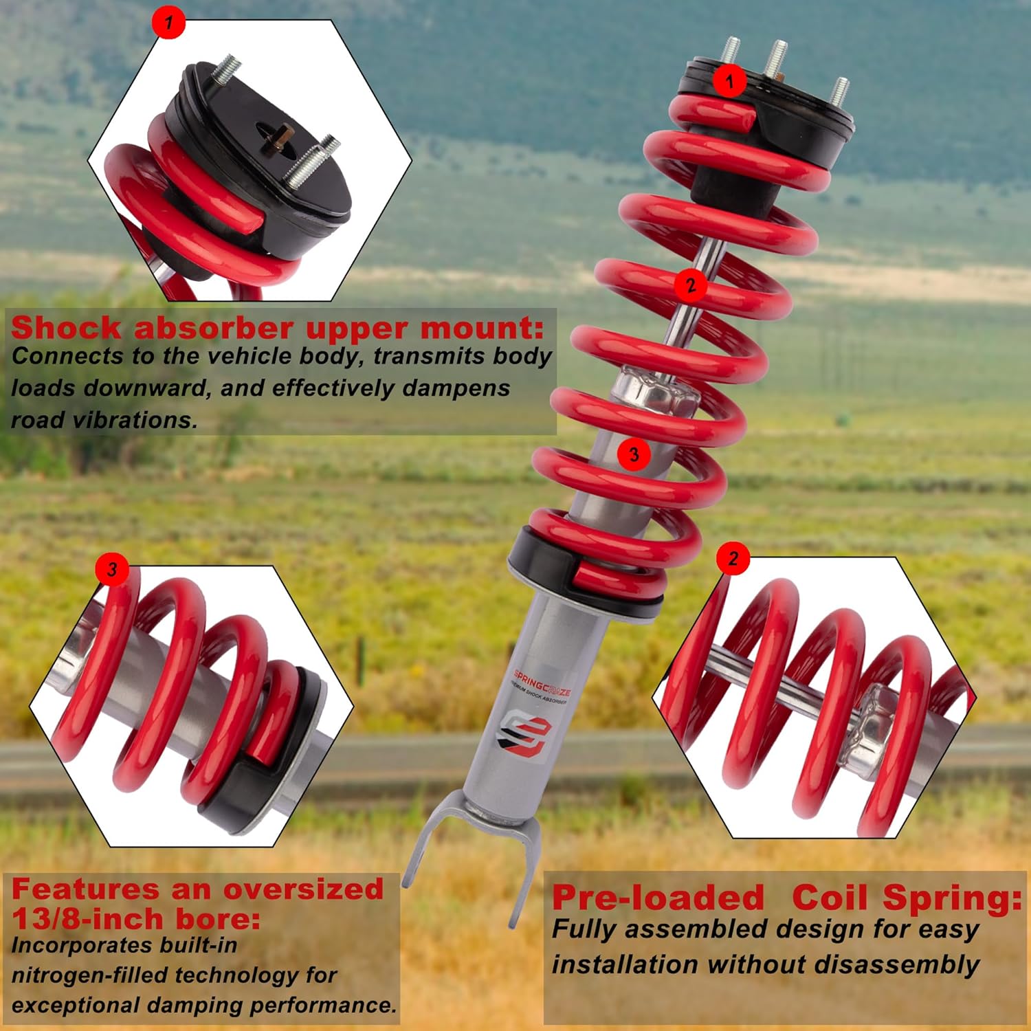 3" Loaded Struts Compatible with 2012-2018 Ram Truck 1500 4WD Lifted Coil Leveling Struts-Red