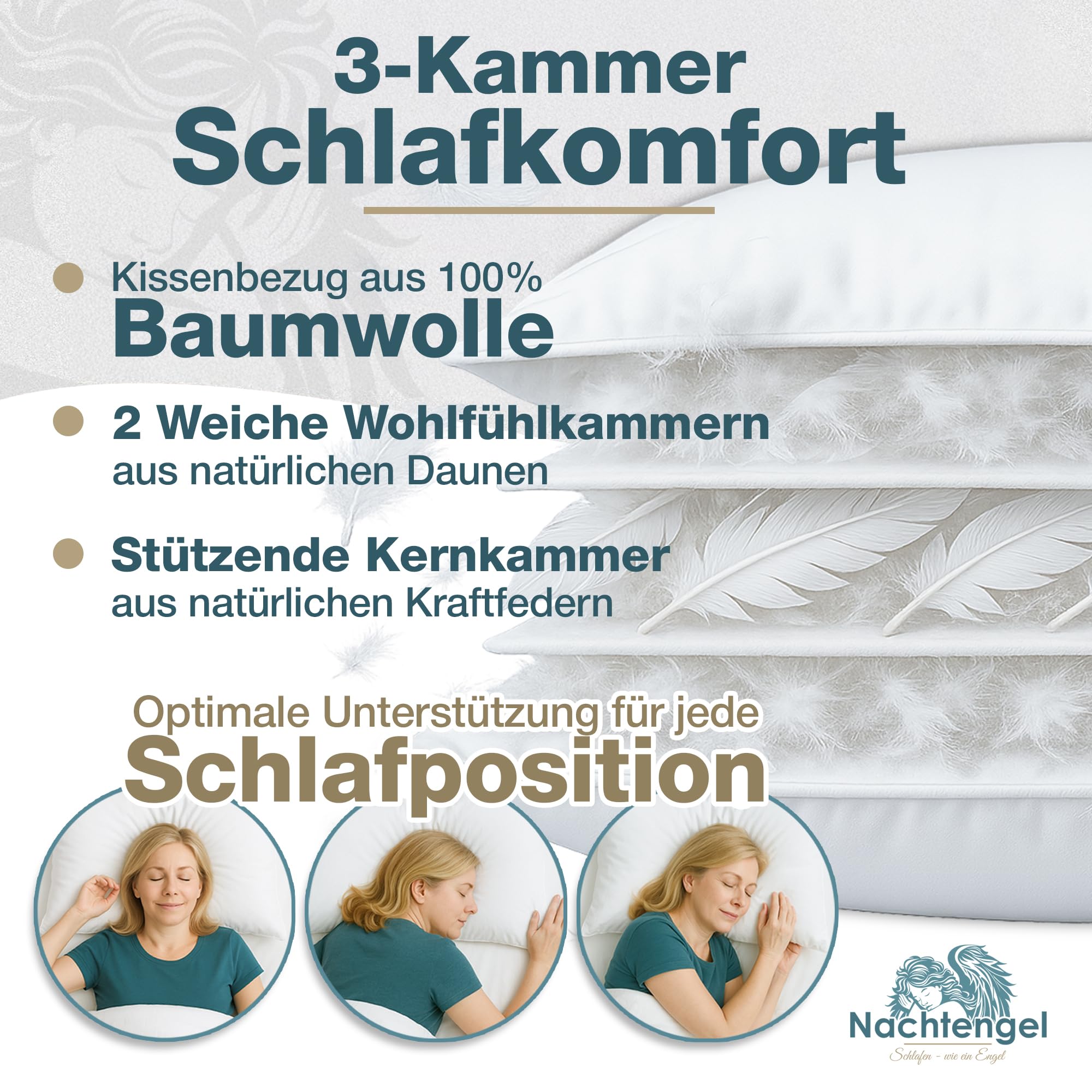 DAUNENKISSEN 40X80 – 3-Kammer Kopfkissen aus Daunen & Federn – Weiches Federkissen im Hotelstil, atmungsaktiv – Made in Germany – Medium, Füllgewicht 700 g