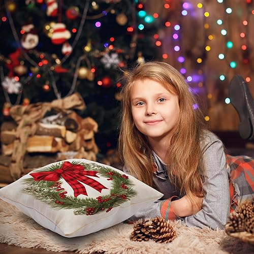 Miniatura 5 de Juego de 4 fundas de almohada de Navidad de 18 x 18 pulgadas, decoración navideña de cuadros rojos, fundas de almohada de Navidad para Navidad,