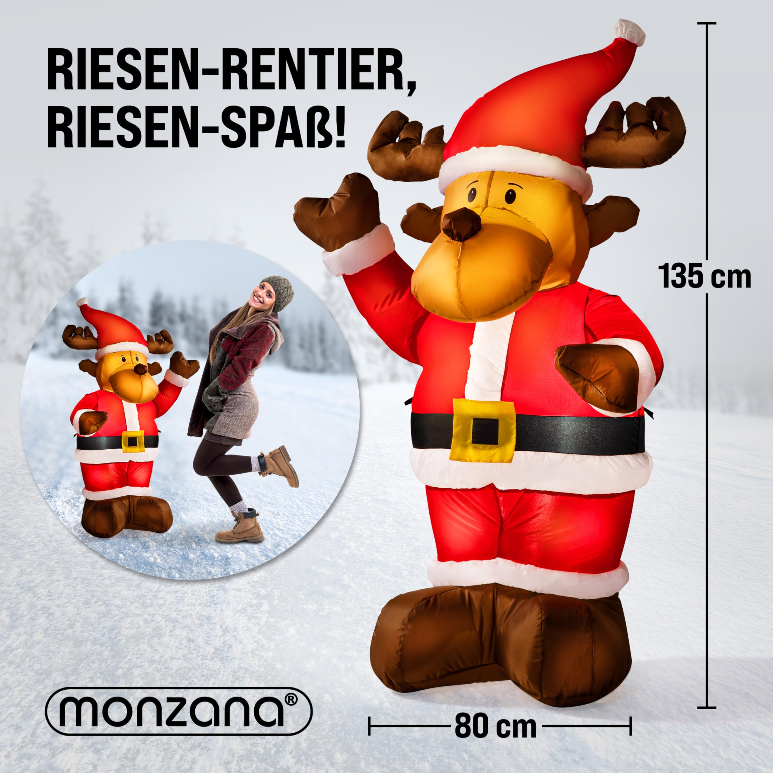 MONZANA® Aufblasbares Rentier 135cm LED Beleuchtet Befestigungsmaterial IP44 Außen Witterungsbeständig Weihnachtsdeko Weihnachtsfigur Christmas | 135 cm, LED, Beleuchtet, Befestigungsmaterial, IP44, Außen, Witterungsbeständig, Weihnachtsdeko, Weihnachtsfi